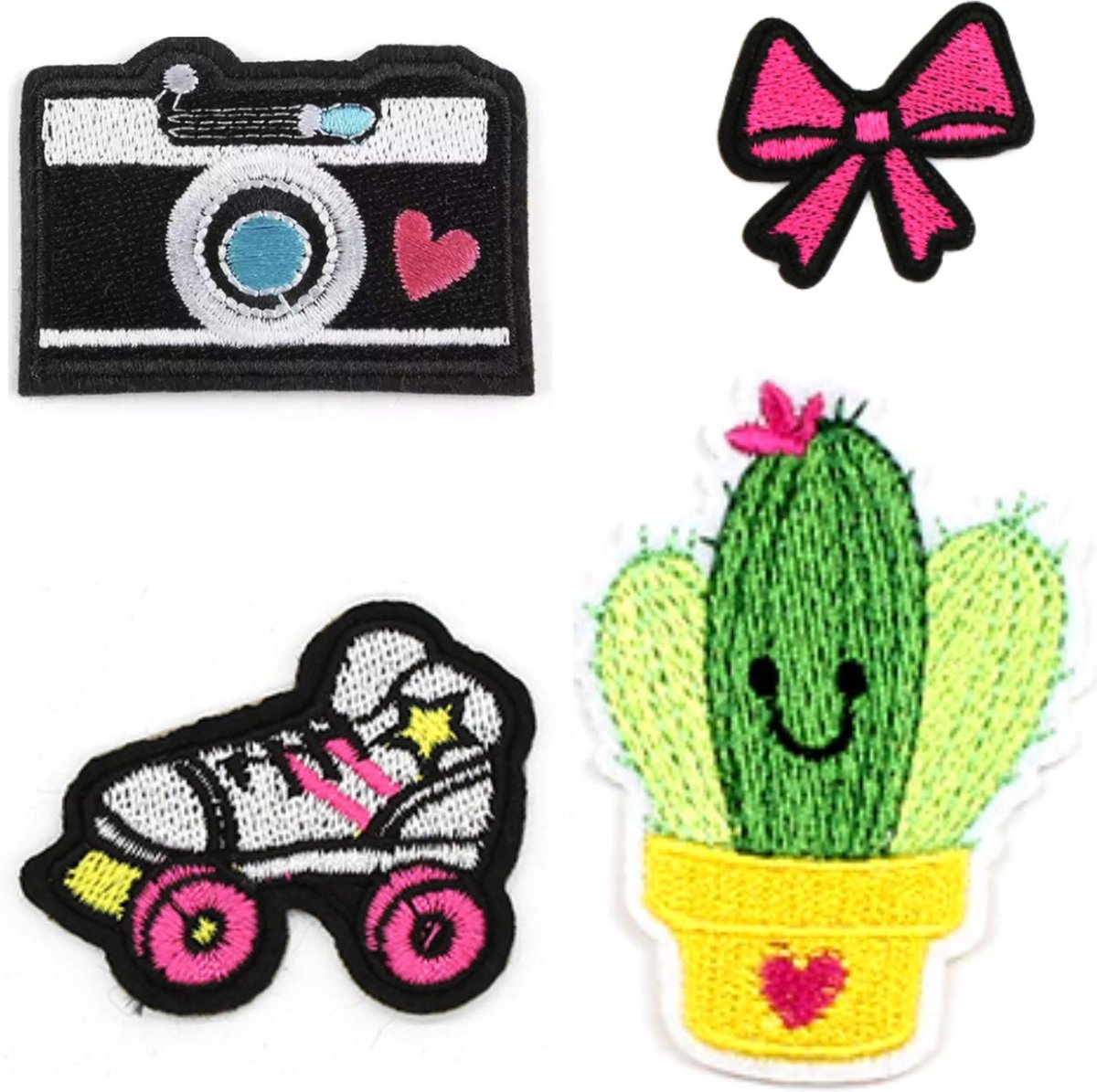 set patches rollerskate - opstrijk embleem - patches fuchsia - opstrijk embleem fuchsia - patch fototoestel - patch cactus - patch strikje