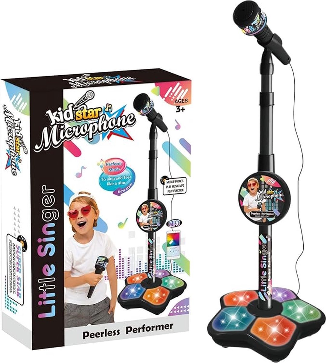 Kindermicrofoon met Verstelbare Standaard en MP3-Compatibiliteit – Karaoke Speelmicrofoon met Kleurrijke Lichteffecten – Perfect voor Muzikale Kinderen
