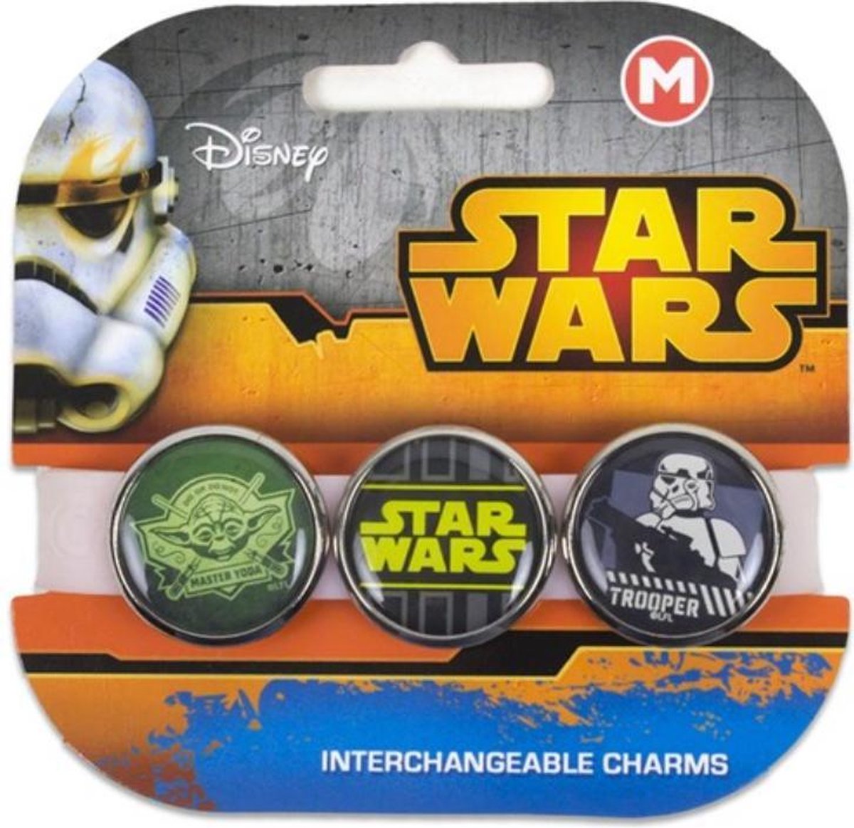 Star Wars armband met 3 vervangbare bedels/ figuren/knopen Stormtrooper, the mandalorian, en het Star Wars logo. Maat m