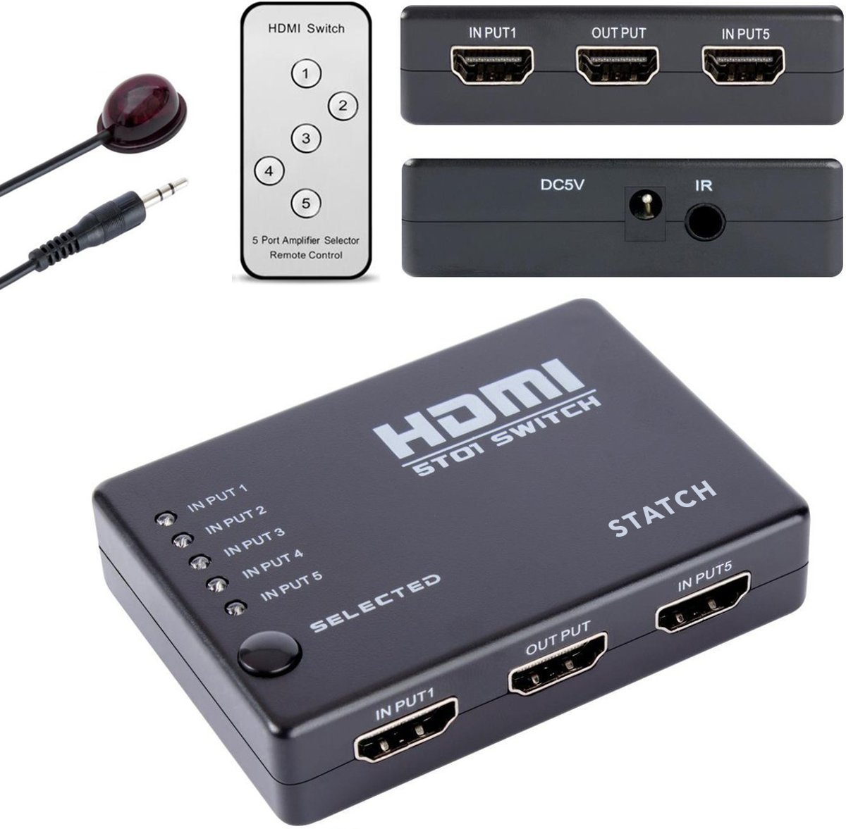 HDMI 5 in 1  Splitter/Switch Inclusief Afstandsbediening - 5 ingangssignalen over 1 beeldscherm  + Indicatie LED - Zwart - Full HD 1080p/Full HD/4K Ultra - Statch®