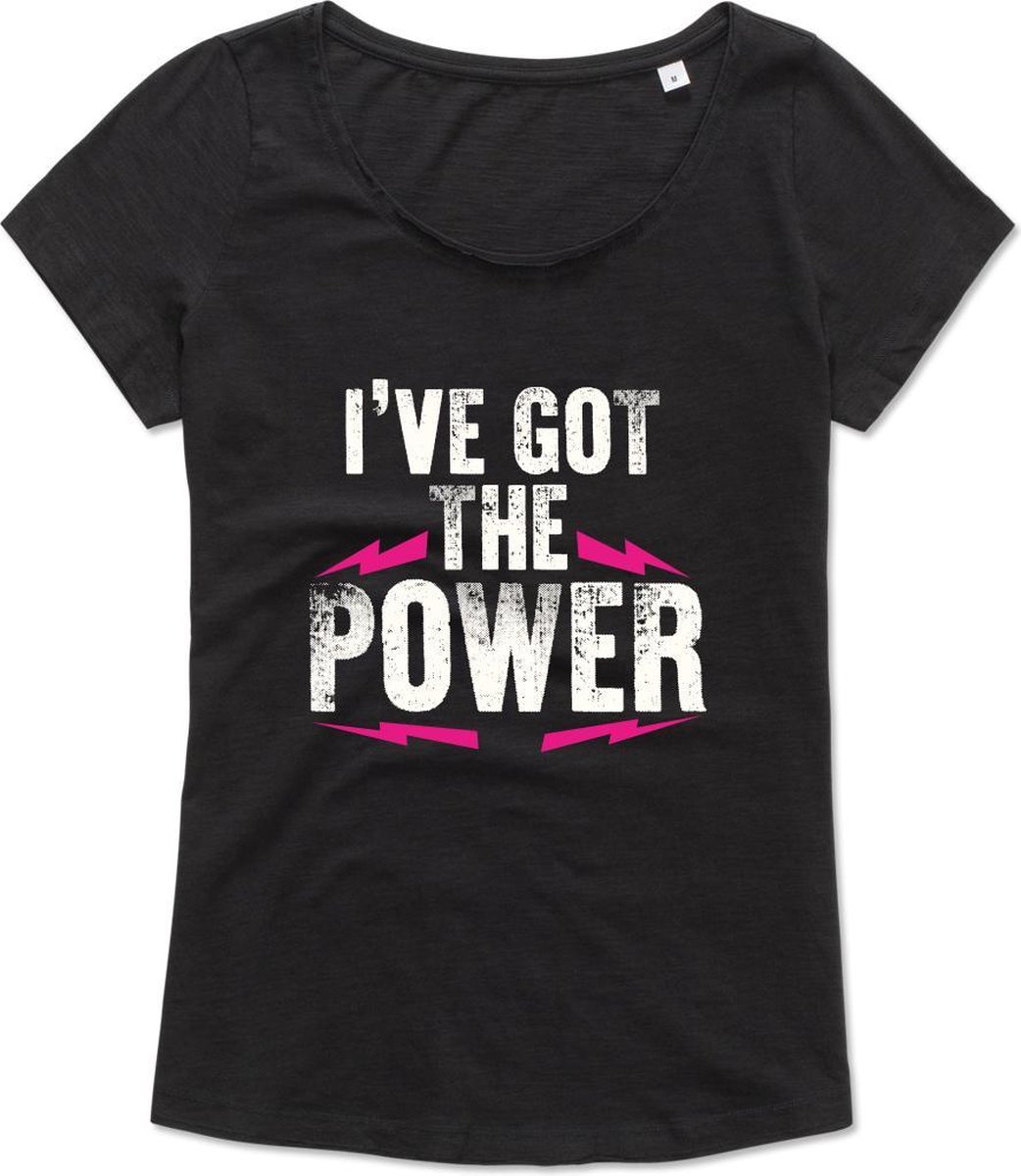 Dames Fitness T-Shirt - Gym T-shirt - Work Out T-shirt - Sport T-Shirt - Regular Fit T-Shirt - Fun - Fun Tekst -  Sporten - IVE GOT THE POWER - Zwart - Maat S