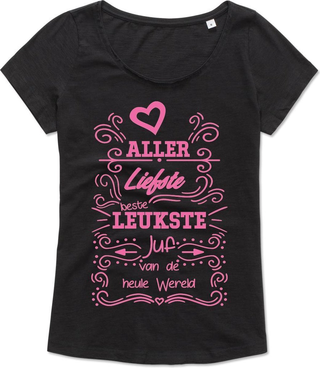 Dames T-Shirt - Casual T-Shirt - Fun T-Shirt - Fun Tekst - Lifestyle T-Shirt - Cadeau - Lerares  - Juf - Les Geven - Aller Liefste Beste Leukste Juf Van de Heule Wereld - Zwart - Maat L