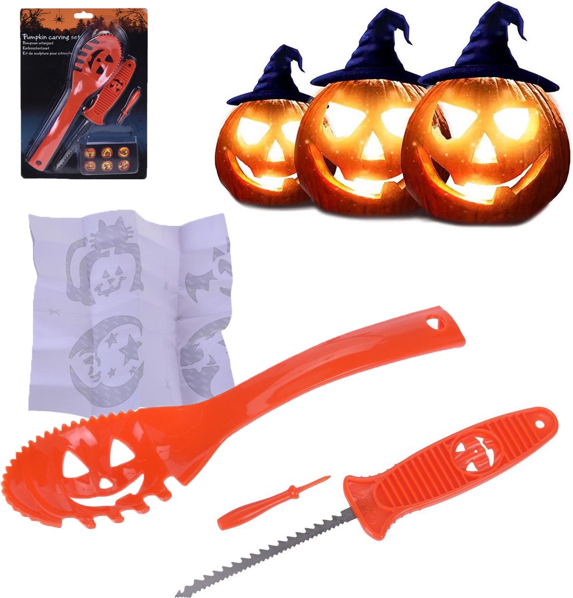 Steko Pompoen Snijden 9-delig (Inc sjablonen) - Uitsnij Set - Pumpkin carving set - uitsnijden set - Halloween - Mes - Gereedschap - uitsnijset