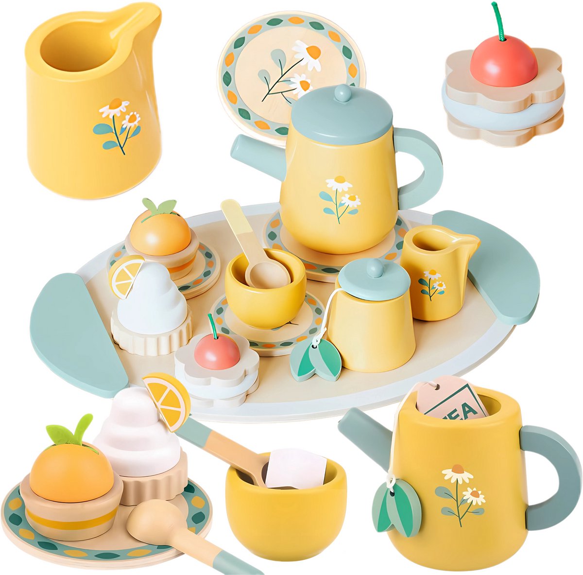   Houten Theeservies - 17-delig - Theeset - Speelgoed Hout - voor Kinderen - Theekopjes met Schotel