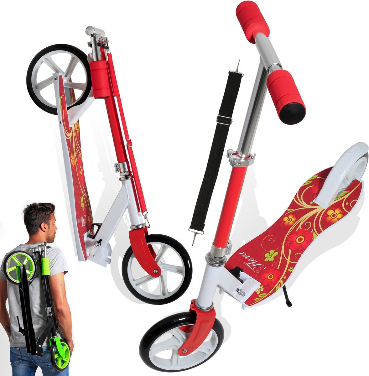 City Scooter Step Pro-S - FLORA -  Step Grote Wielen 205 mm- Step voor volwassenen - 100kg - Autoped -Opvouwbaar - In hoogte Verstelbaar - Vering - - 100kg - Vouwbaar - Grote wielen - ( Rood )