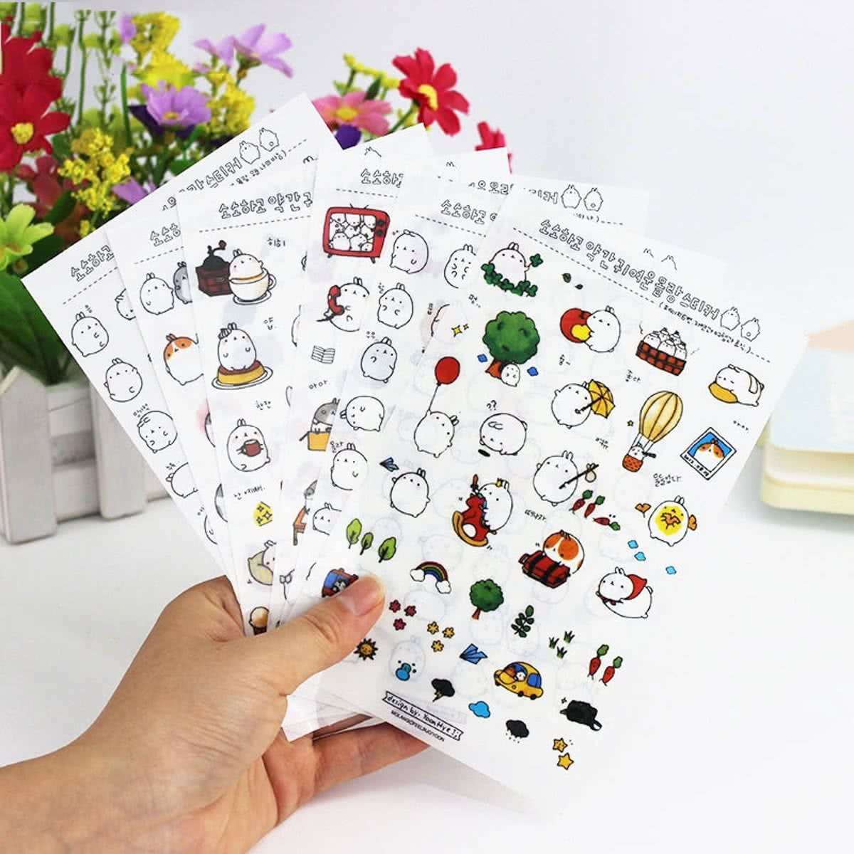 6 velletjes Kawaii Konijntje Molang Stickers Transparant Bol Konijntje Cute