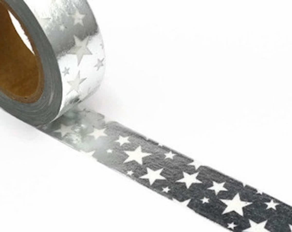 Metallic Zilverkleurig met Witte Sterren Ster Stars Washi Tape Decoratie Plakband Masking Tape 10 meter D2