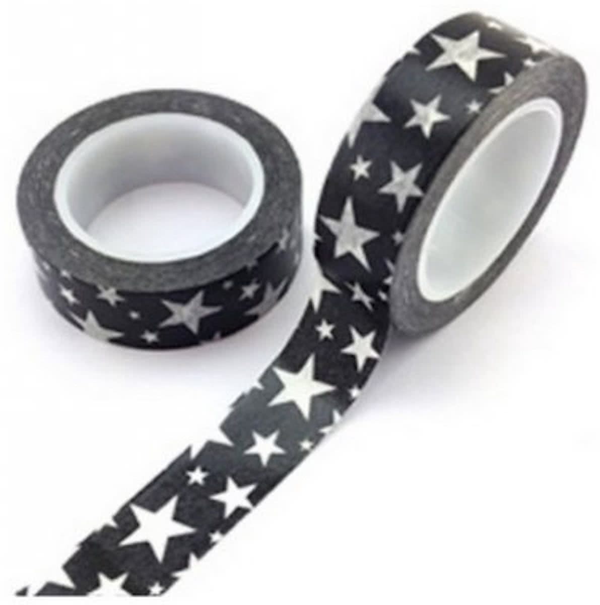 Washi Tape 10m. Zwart met Witte Sterren