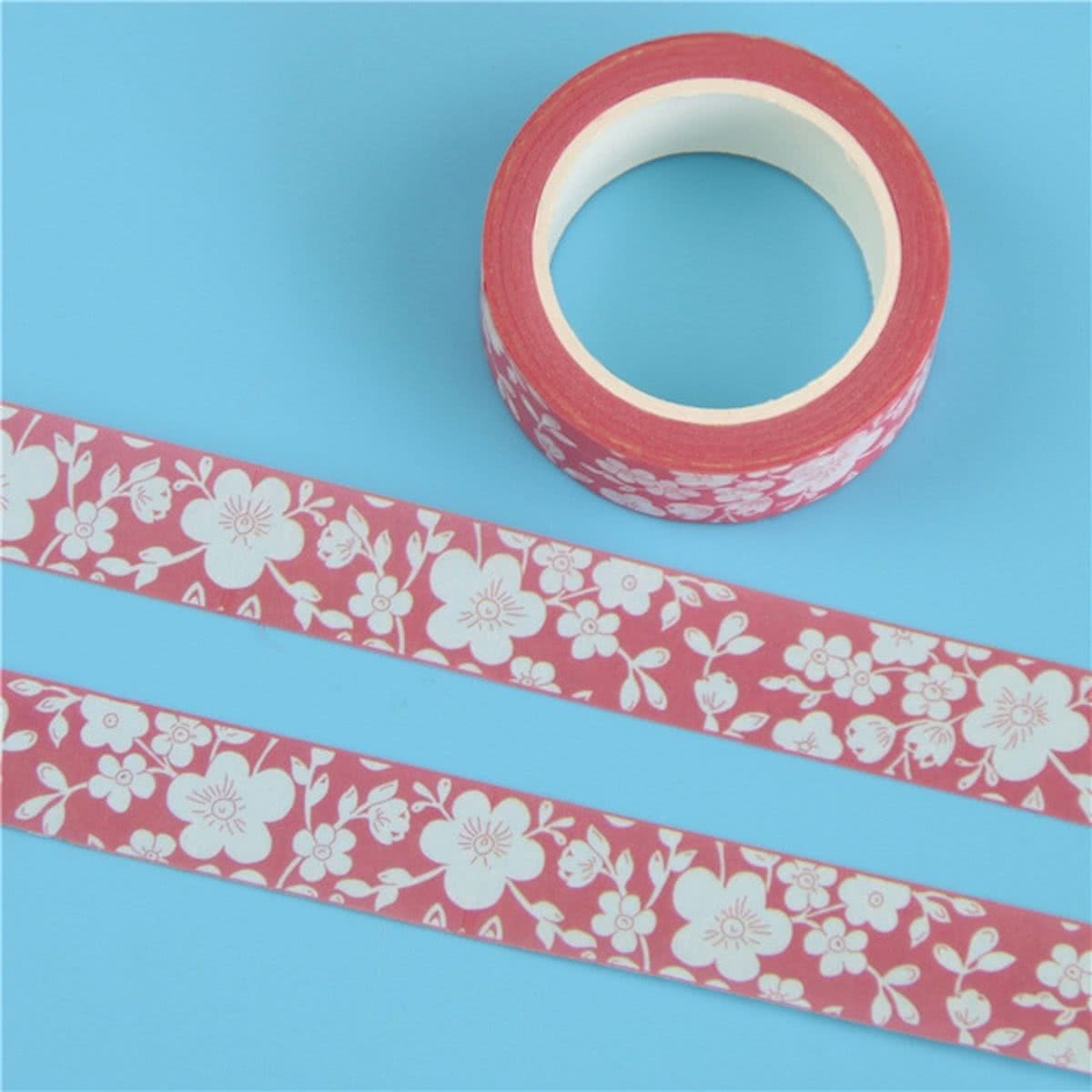 Washi Tape Rood met Witte Bloemen 10m.