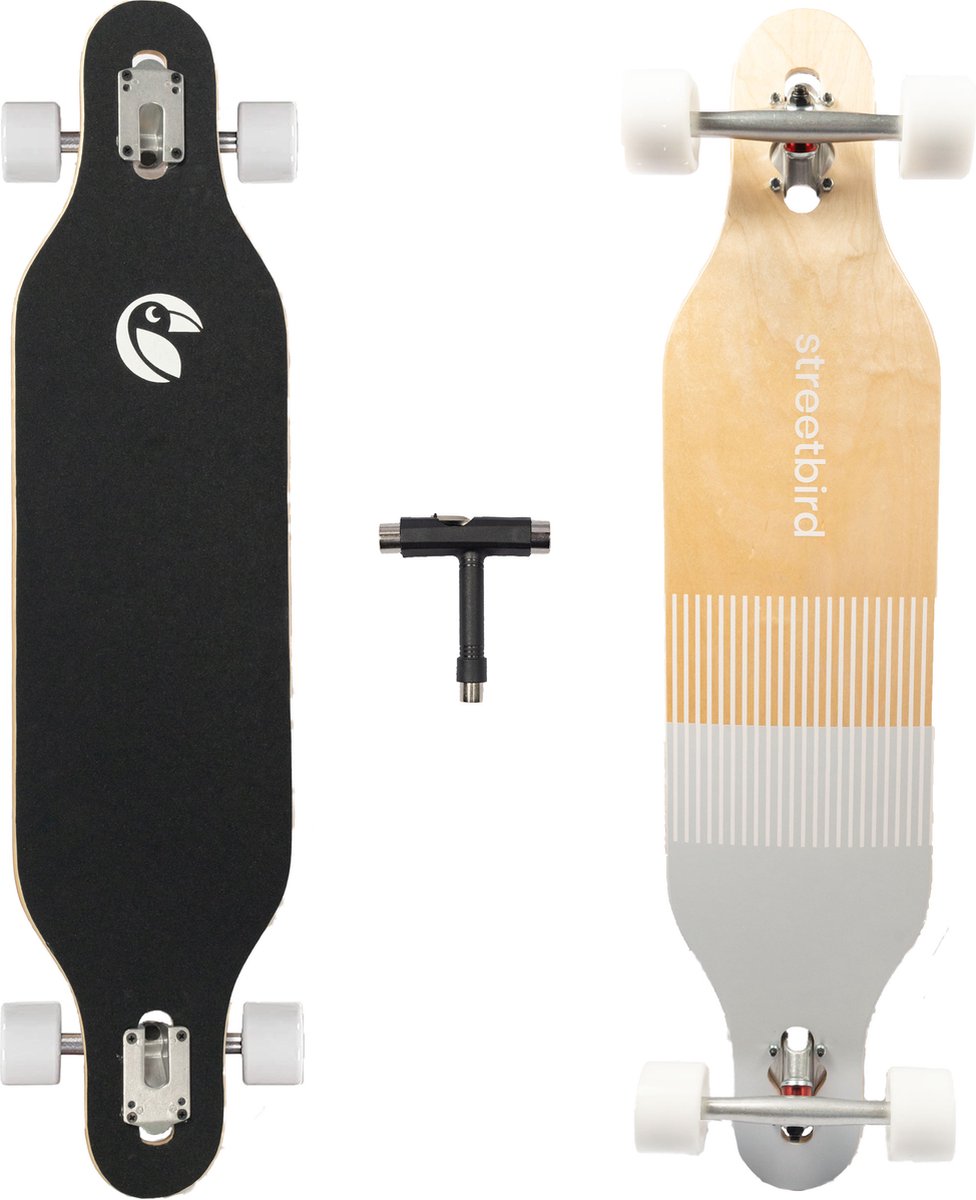 Streetbird Longboard - Drop Through - Esdoorn Hout - 100cm - Wit/Grijs