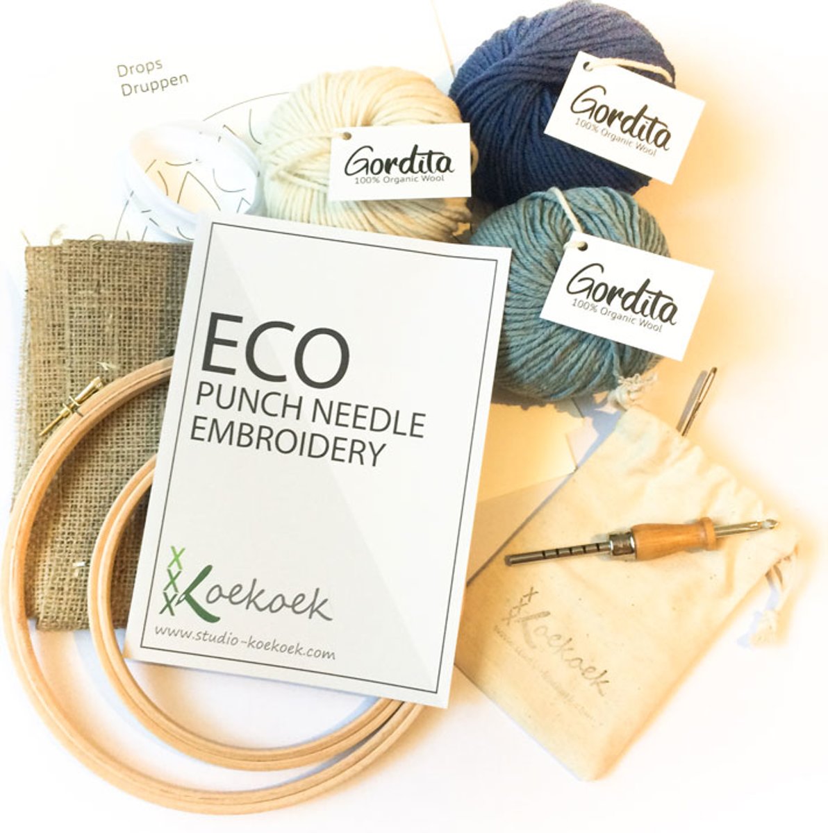 Eco Punch Naald Pakket voor beginners met Ecologische Chuncky Wol en een houten aanpasbare punchnaald Kleurset BLAUW