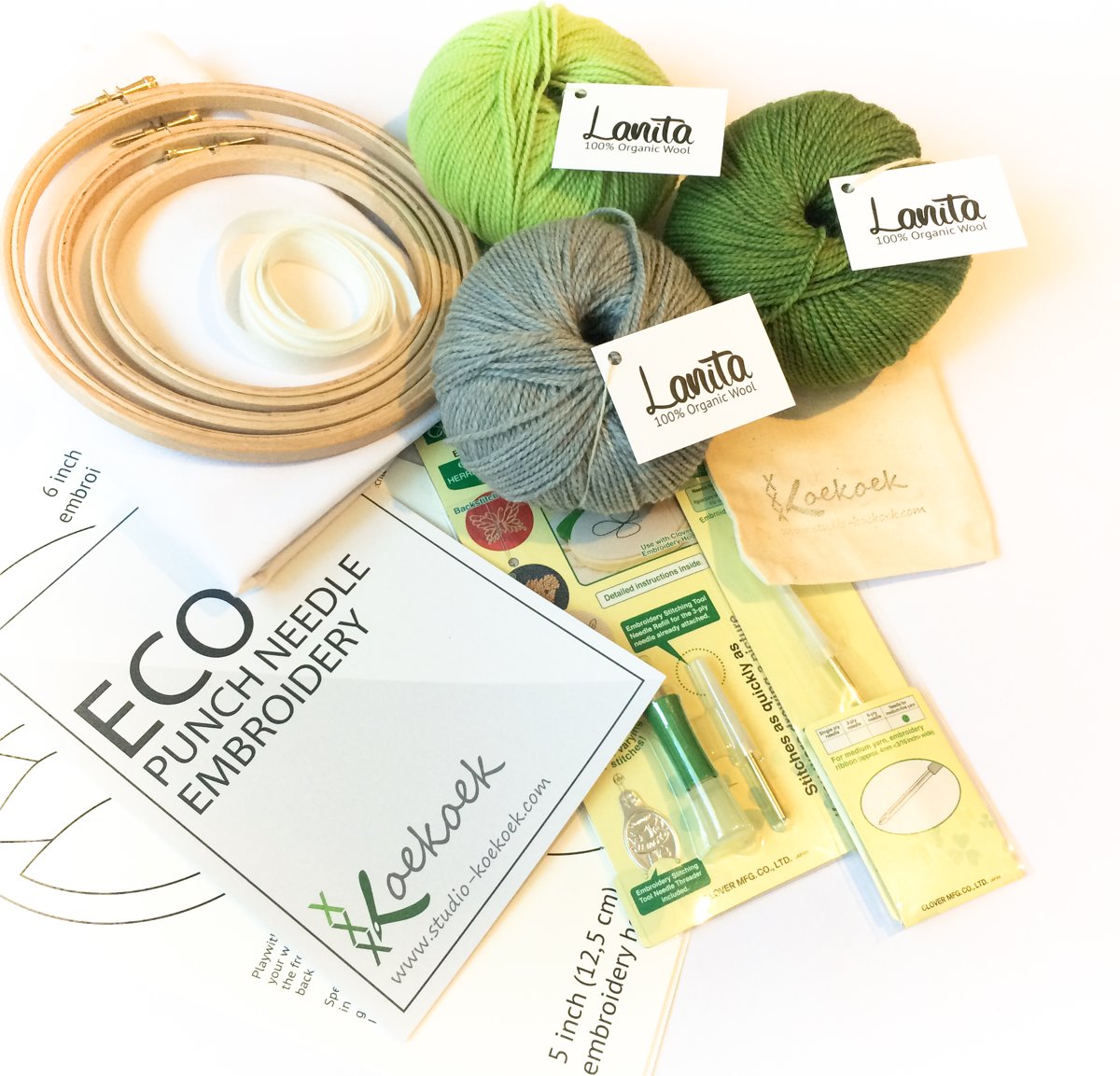 Groot Eco Punch Naald Pakket voor beginners met Ecologische Wol drie borduurringen en clover punch naald Kleurset GREEN SILVER