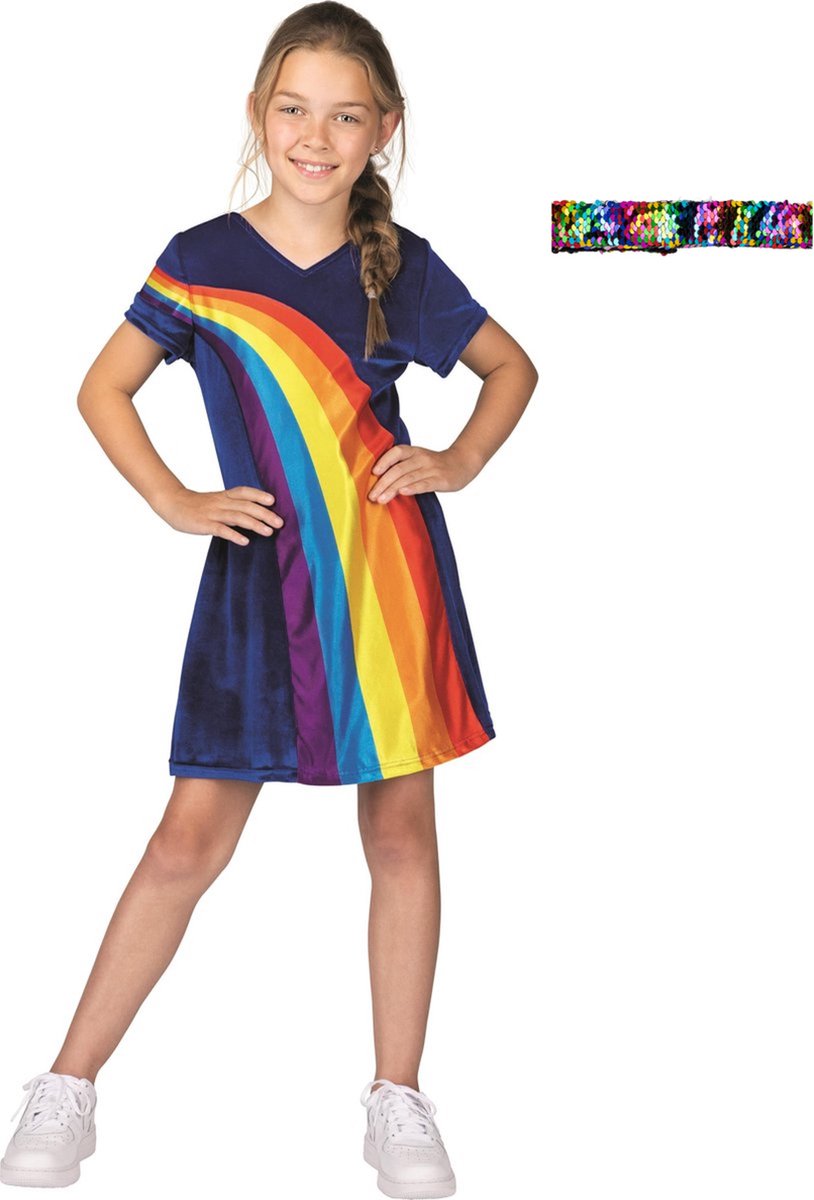 K3 jurkje regenboog - blauw - verkleedjurk - maat 6-8 jaar + haarband regenboog