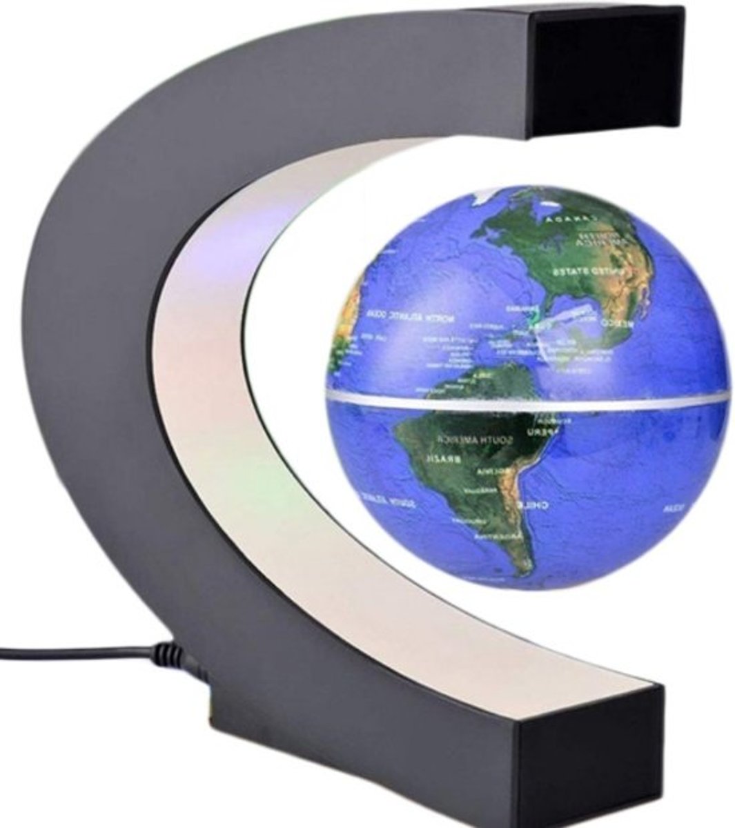 Zwevende Wereldbol Magnetisch – Wereldkaart - met Verlichting – Decoratie – Blauw – Groen - LED Lamp - ø 9 cm in C- frame