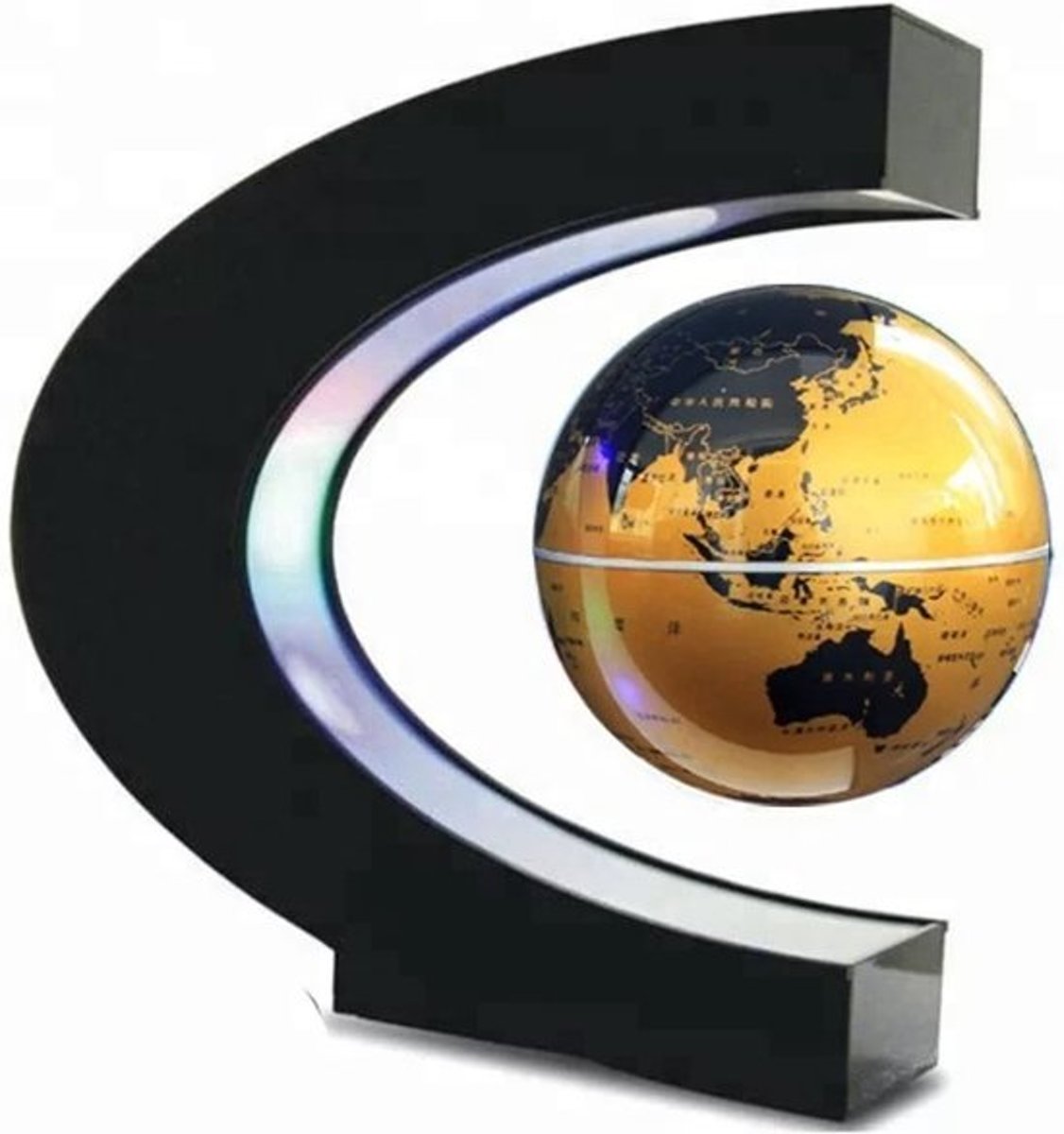 Zwevende Wereldbol Magnetisch – Wereldkaart - met Verlichting – Decoratie – Goud – Zwart - LED Lamp - ø 9 cm in C- frame