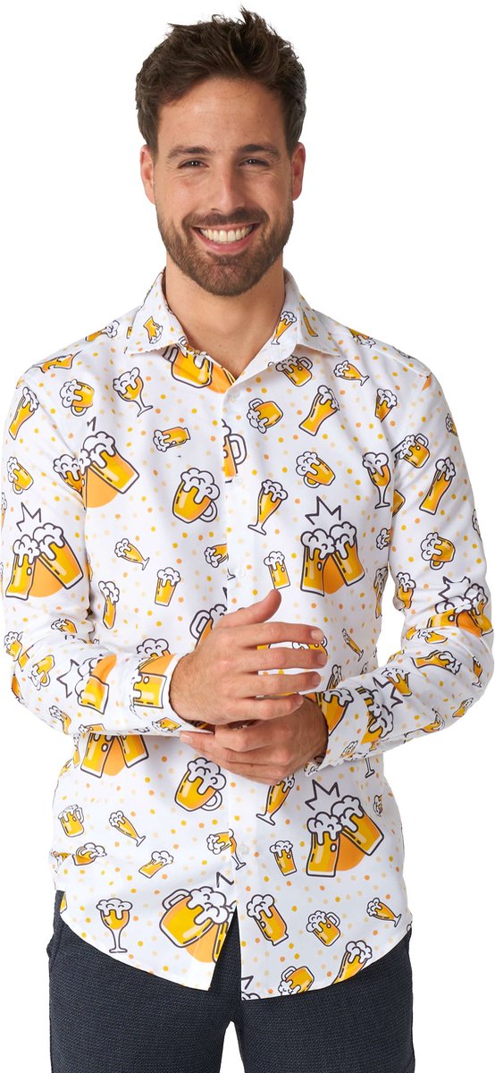 Suitmeister Beer White - Heren Overhemd - Bier Kostuum Shirt - Wit - Maat: L