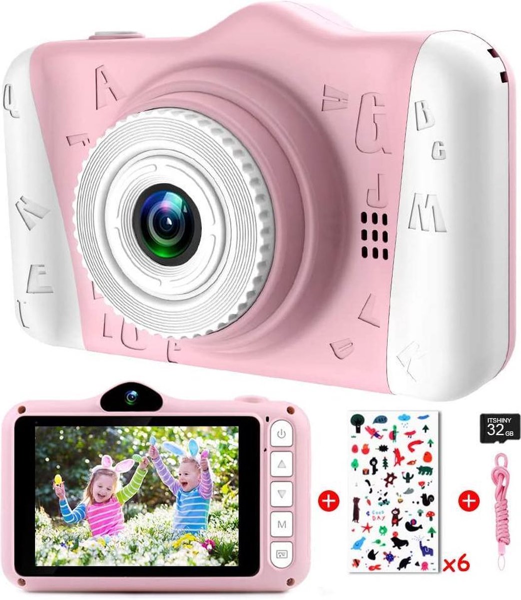 Kindercamera - Digitale kindercamera met 3,5 inch groot scherm 1080P HD 12MP ingebouwde 32GB SD-kaart USB oplaadbare selfiecamera voor 3 - 10 jaar oude meisjes Verjaardag Kinderspeelgoed van Best4u