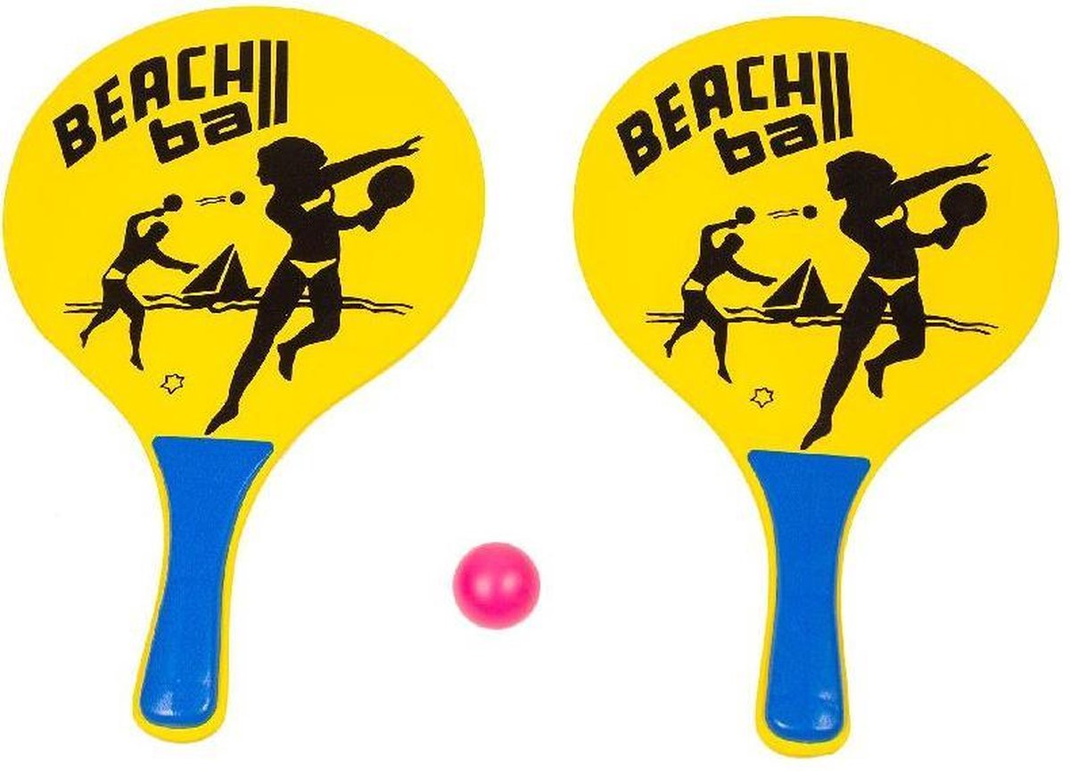 Houten beachball set geel met beachball print- Strand balletjes - Rackets/batjes en bal - Tennis ballenspel