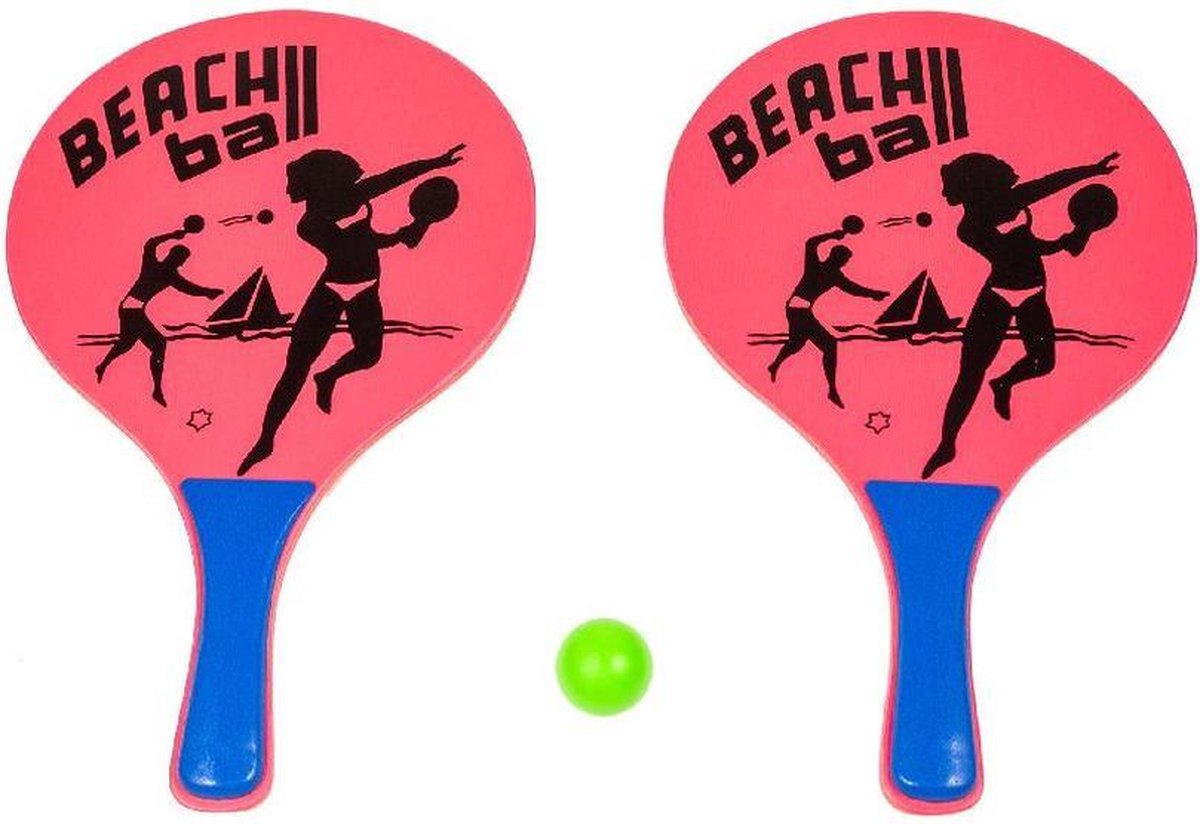 Houten beachball set roze met beachball print- Strand balletjes - Rackets/batjes en bal - Tennis ballenspel