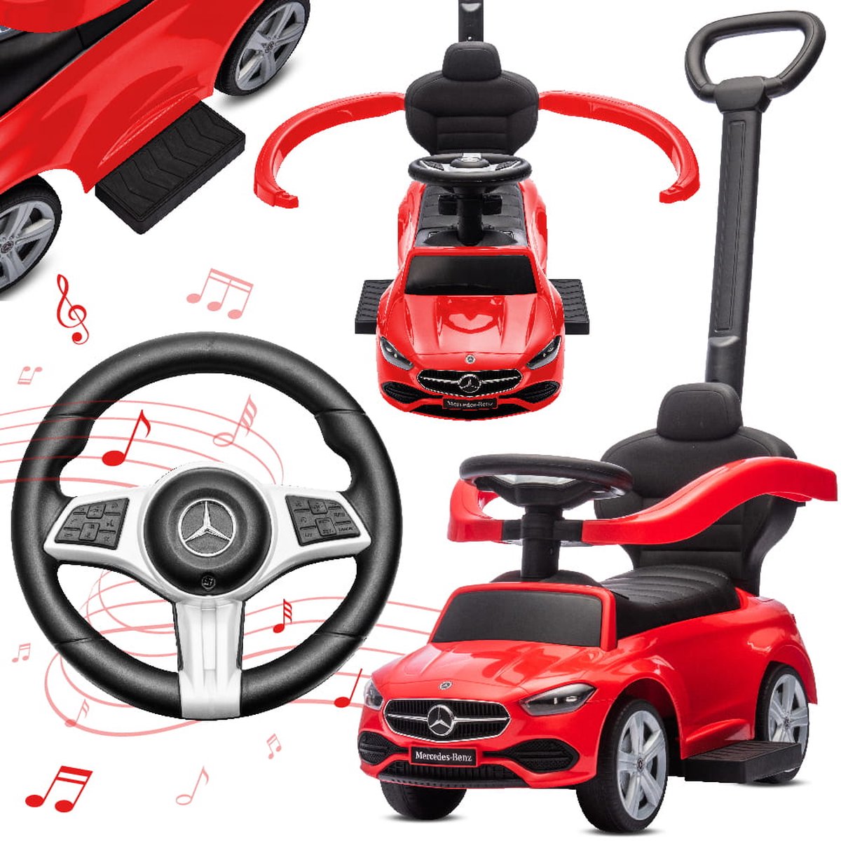 Mercedes C-Class Kindervoertuig 4in1,   met Claxon, Opbergruimte, Voetsteun, Duwstang, tot 2 jaar, max 27 kg (Rood)