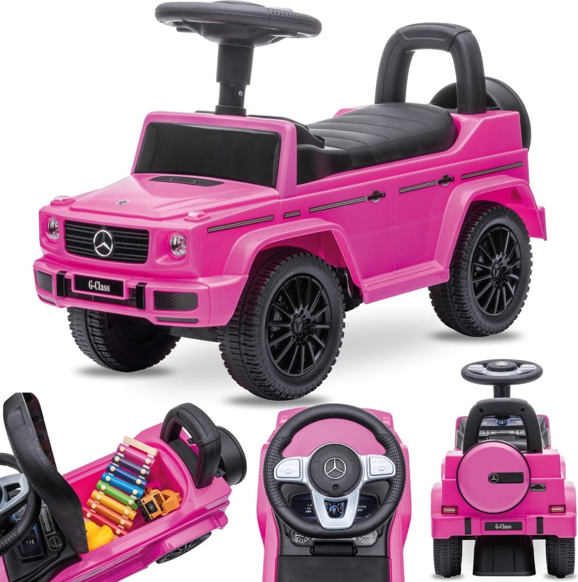 Mercedes G Klasse Kindervoertuig, loopauto met Claxon, ride on, babyauto, loopstoeltje met claxon en motorgeluiden, max 25 kg (Roze)