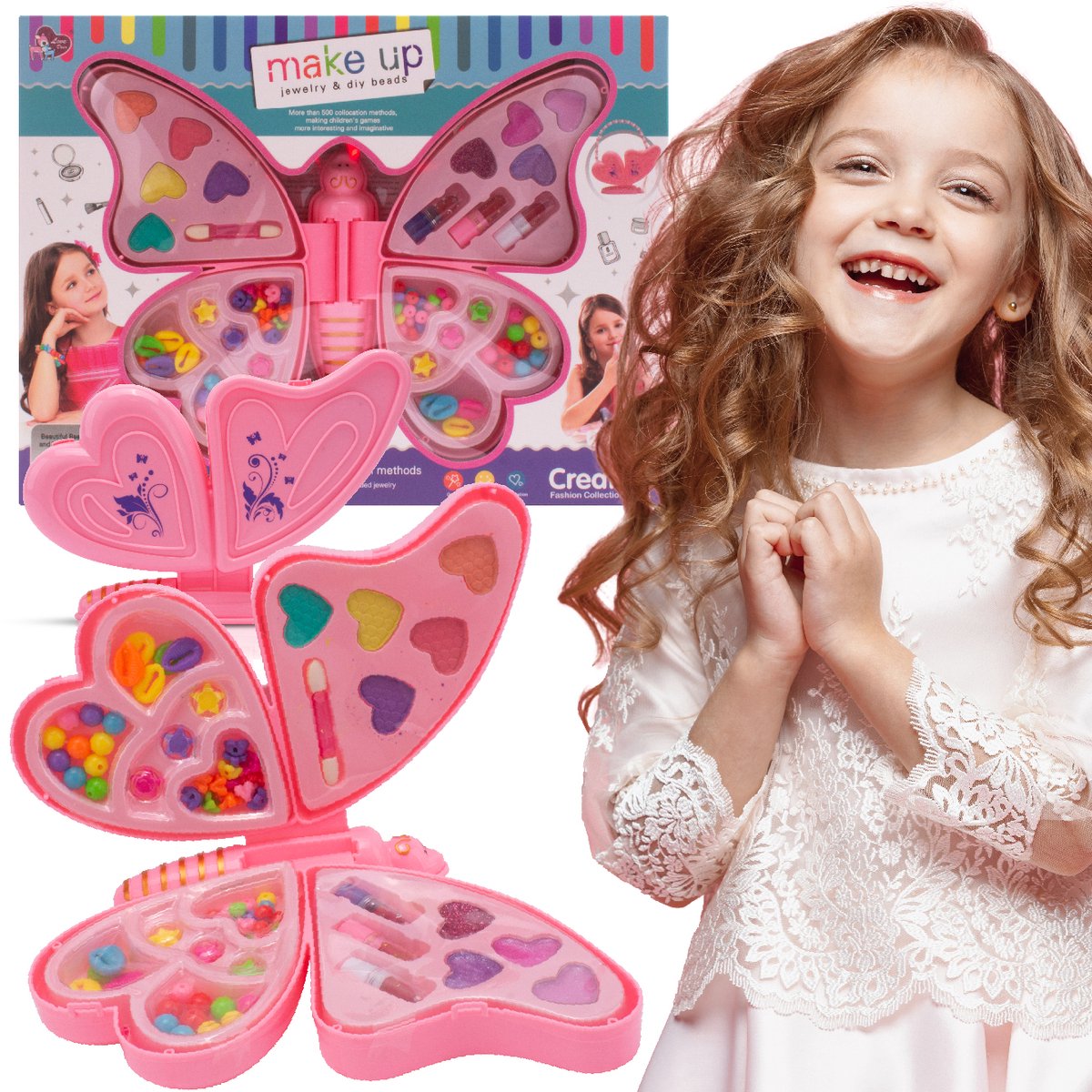   Creatieve Sieradenset voor Kinderen 3+, kralen, 2 slierten, 5 oogschaduw, applicator, 4 lipglosses, 3 lipsticks, vlinder verandert in een stijlvolle handtas met hengsel