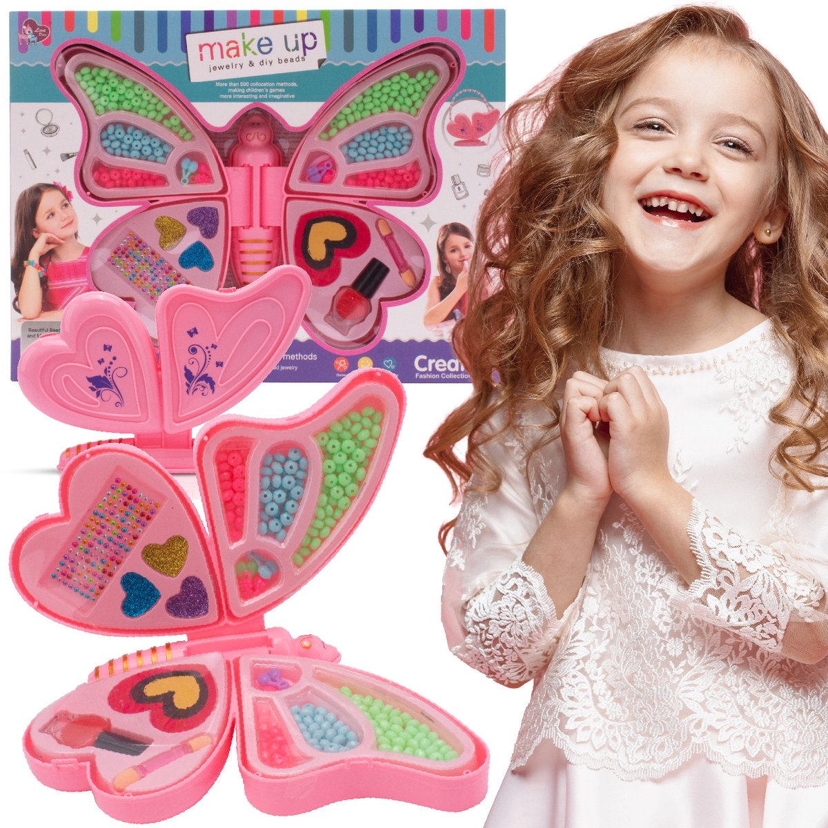   Creatieve Sieradenset voor Kinderen 3+, kralen, stickers, 2 strings, 3 oogschaduw, applicator, nagellak, hartvormige nagelvijl, vlinder verandert in stijlvolle handtas met handvat