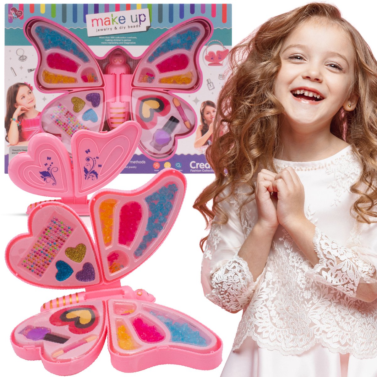   Creatieve Sieradenset voor Kinderen 3+, kralen, stickers, 2 strings, 3 oogschaduw, applicator, nagellak, hartvormige nagelvijl, vlinder verandert in stijlvolle handtas met handvat