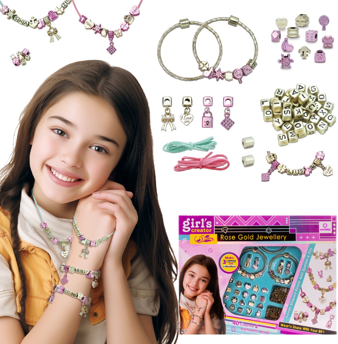   Creatieve Sieradenset voor Kinderen 5+, 3 armbanden, 2 zachte satijnkoorden, gouden en roze hangers