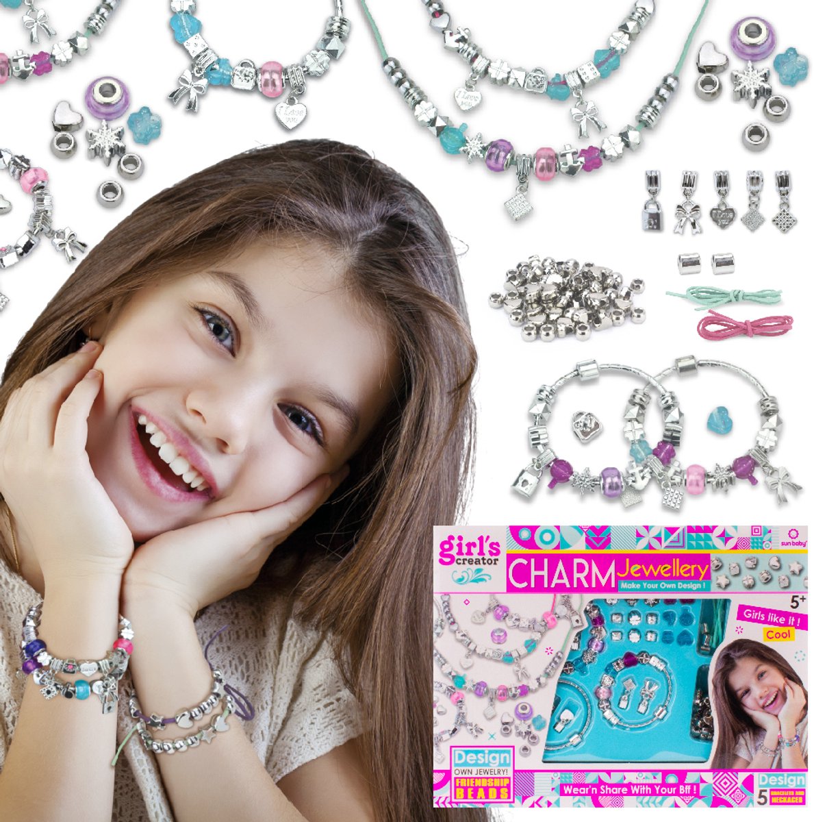   Creatieve Sieradenset voor Kinderen 5+, 3 metalen armbanden, 2 zachte satijnen linten in prachtige kleuren, parels, bedels, hangers