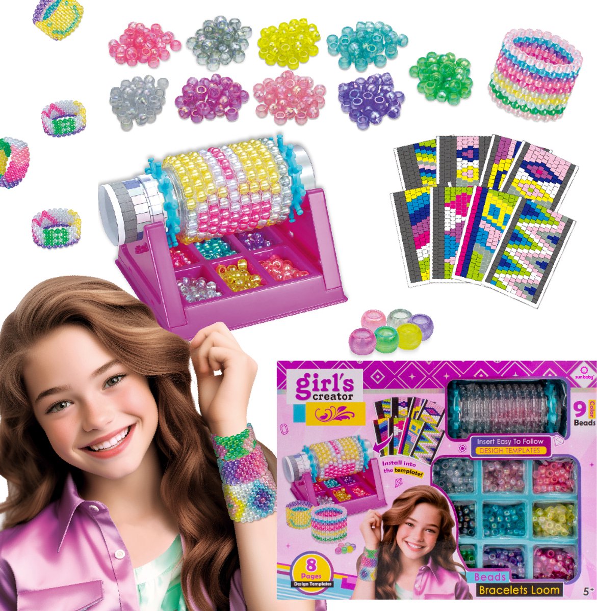   Creatieve Sieradenset voor Kinderen 5+, armbandenmaker, 9 kralensets, elastisch koord voor armbanden, 2 plastic naalden, 8 sjablonen