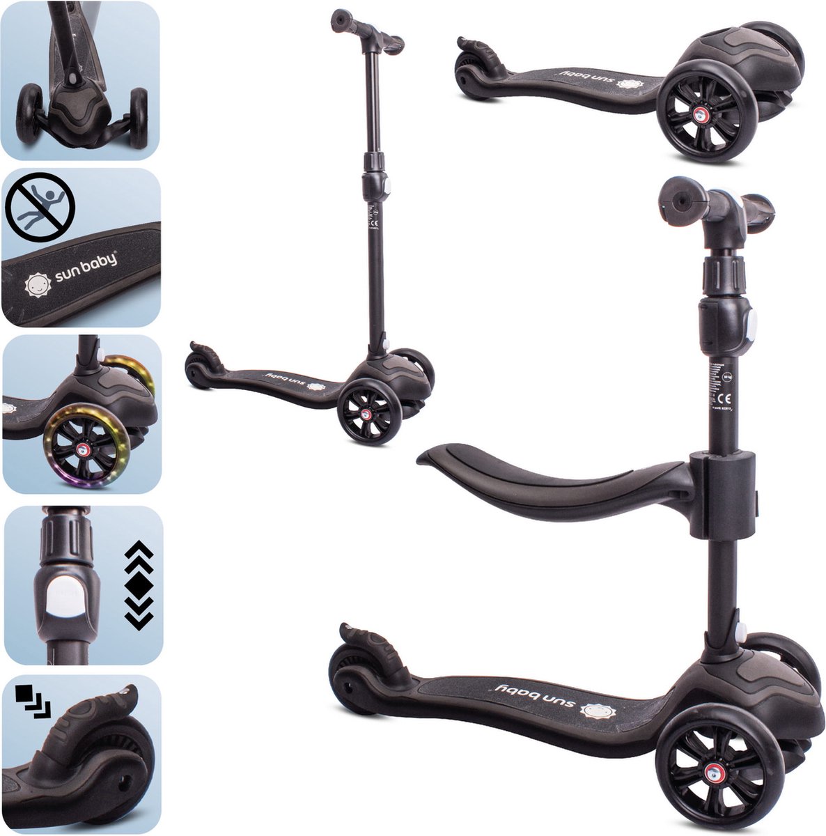 Sun Baby Scooter voor kinderen met Lichtgevende Wielen van 3 jaar, Kinderstep, Driewieler, Verstelbare Hoogtes, Childrens Scooter (Zwart)