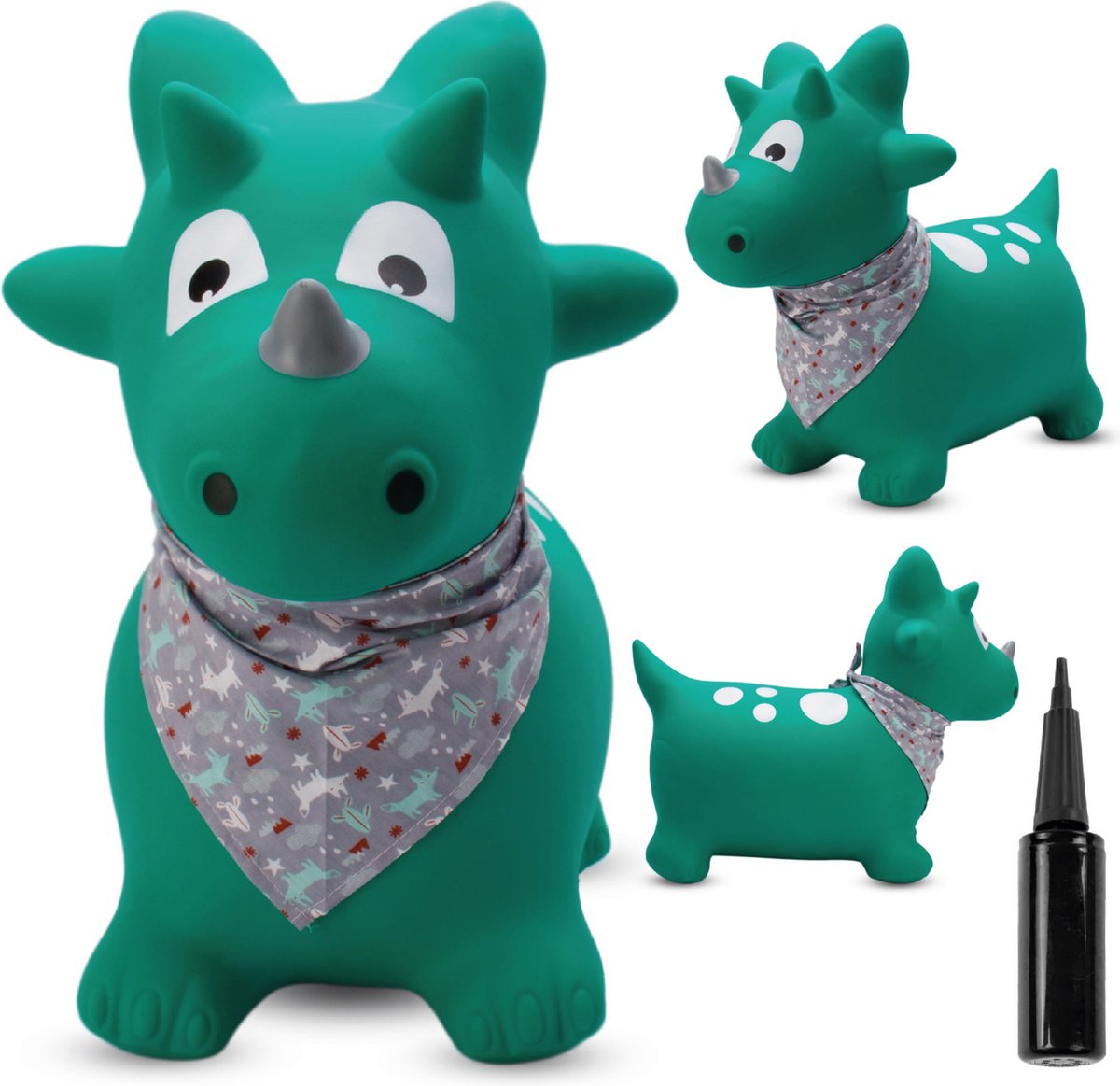 sun baby - Springdier met pomp vanaaf 1 jaar - Dinosaurus - groen met bandana - max 50kg, duurzaam rubber, gecertificeerd, bpa-vrij, springpaard, springhond