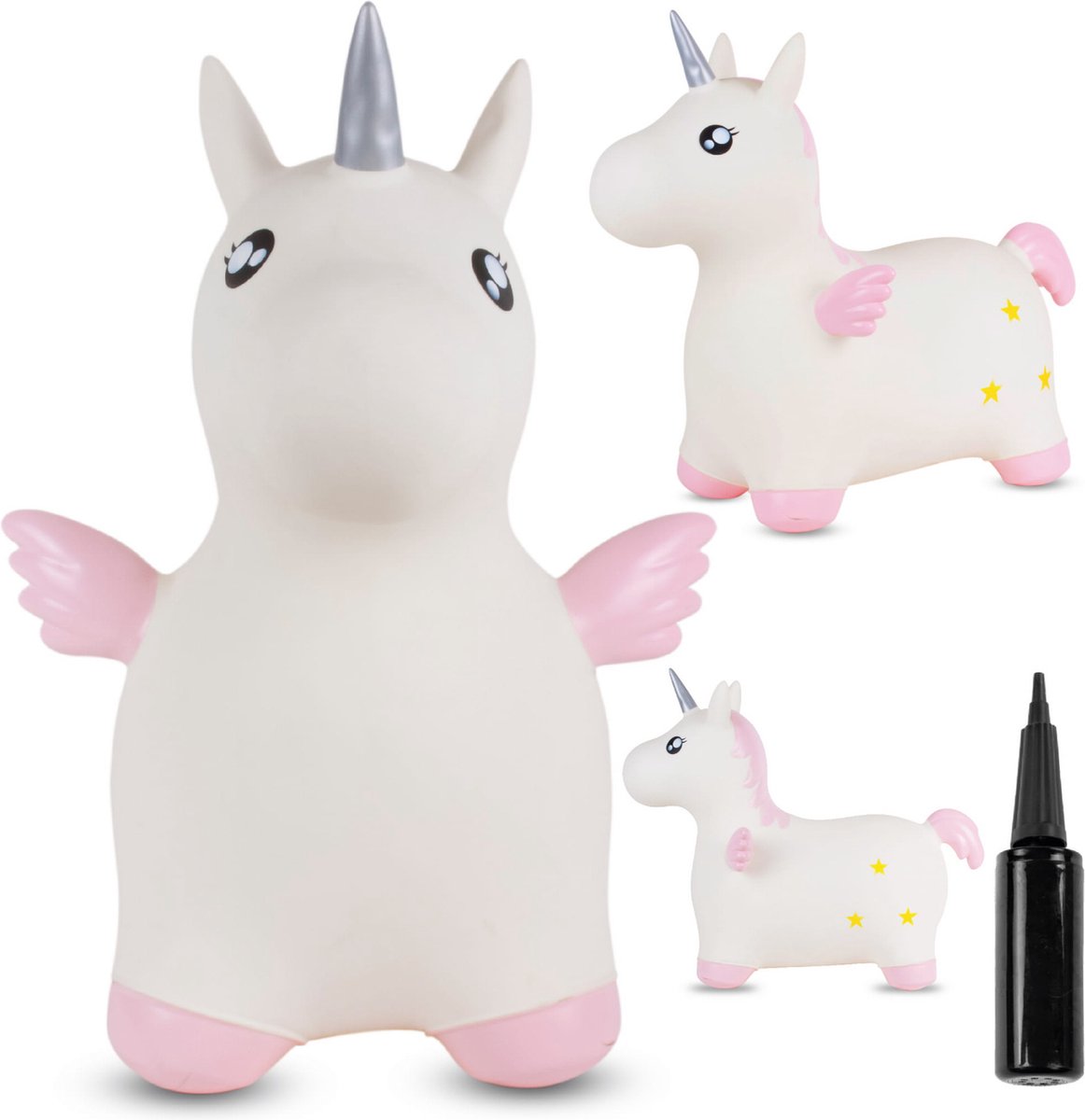 sun baby - Springdier met pomp vanaaf 1 jaar - Eenhoorn - roze met vleugels - max 50kg, duurzaam rubber, gecertificeerd, bpa-vrij, springpaard, springhond