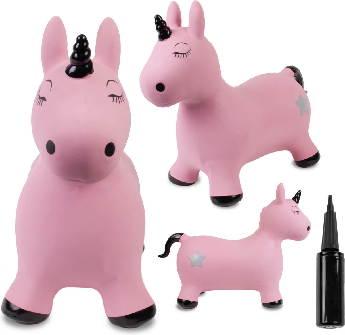 sun baby - Springdier met pomp vanaaf 1 jaar - Eenhoorn - roze met zwarte hoorn - max 50kg, duurzaam rubber, gecertificeerd, bpa-vrij, springpaard, springhond