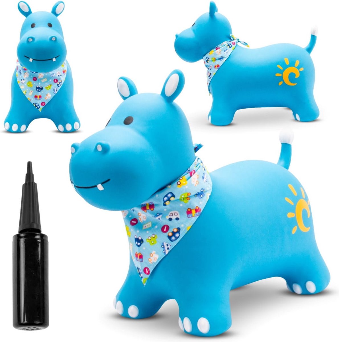 sun baby - Springdier met pomp vanaaf 1 jaar - Nijlpaard - blauw met sjaal - max 50kg, duurzaam rubber, gecertificeerd, bpa-vrij, springpaard, springhond