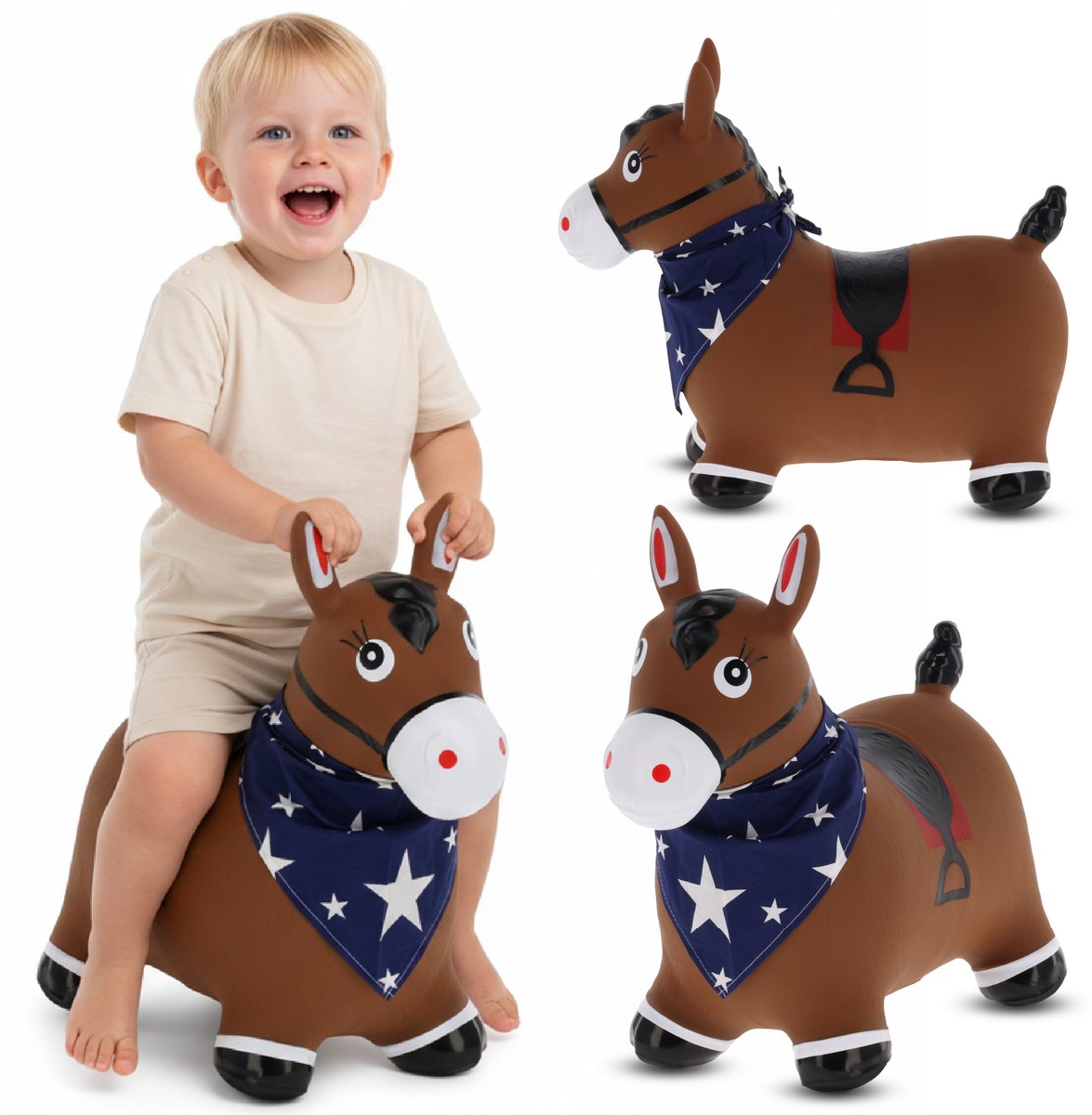 sun baby - Springdier met pomp vanaaf 1 jaar - Paard - bruin met sjaal - max 50kg, duurzaam rubber, gecertificeerd, bpa-vrij, springpaard, springhond