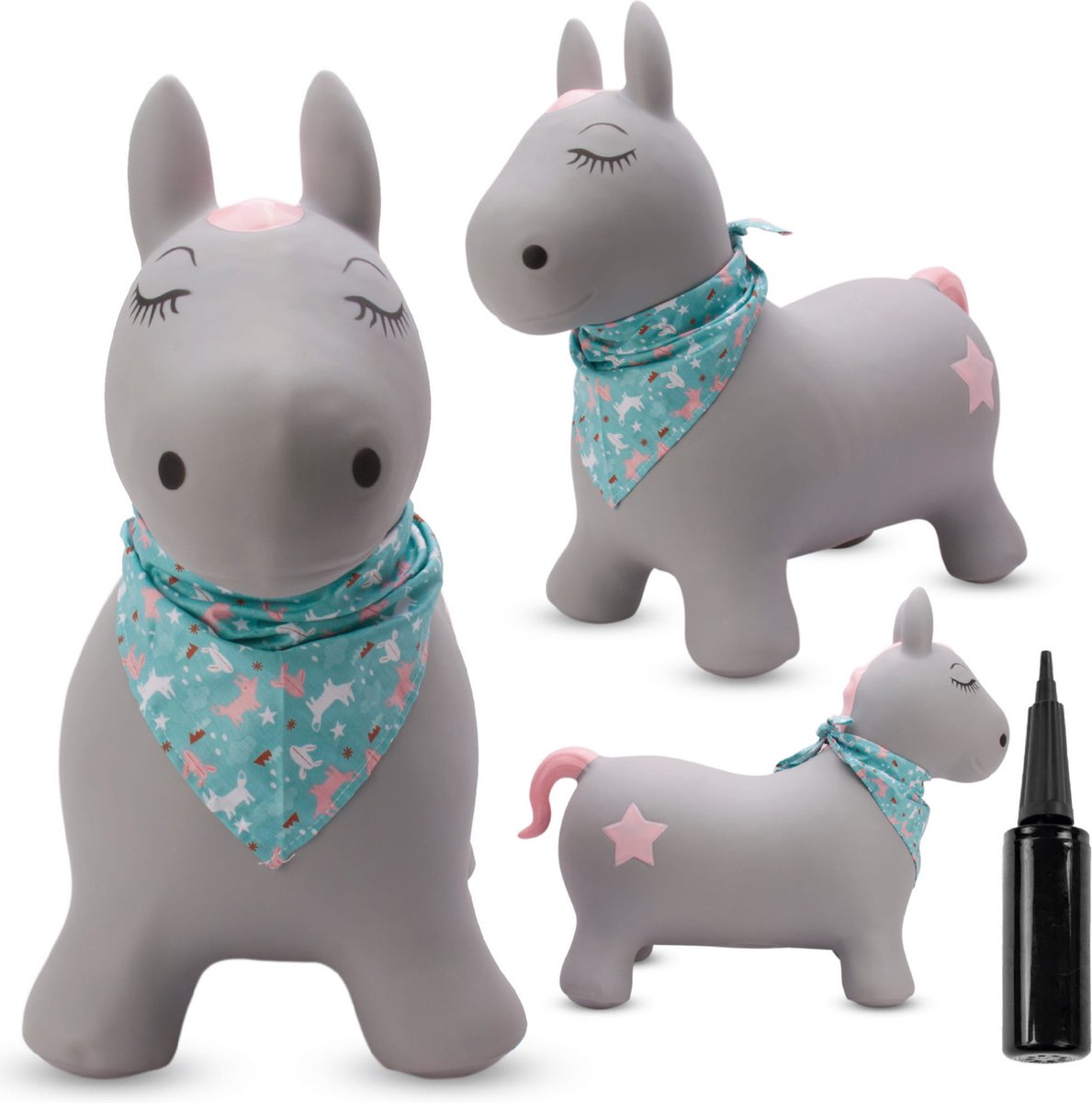 sun baby - Springdier met pomp vanaaf 1 jaar - Paard - grijs met bandana - max 50kg, duurzaam rubber, gecertificeerd, bpa-vrij, springpaard, springhond