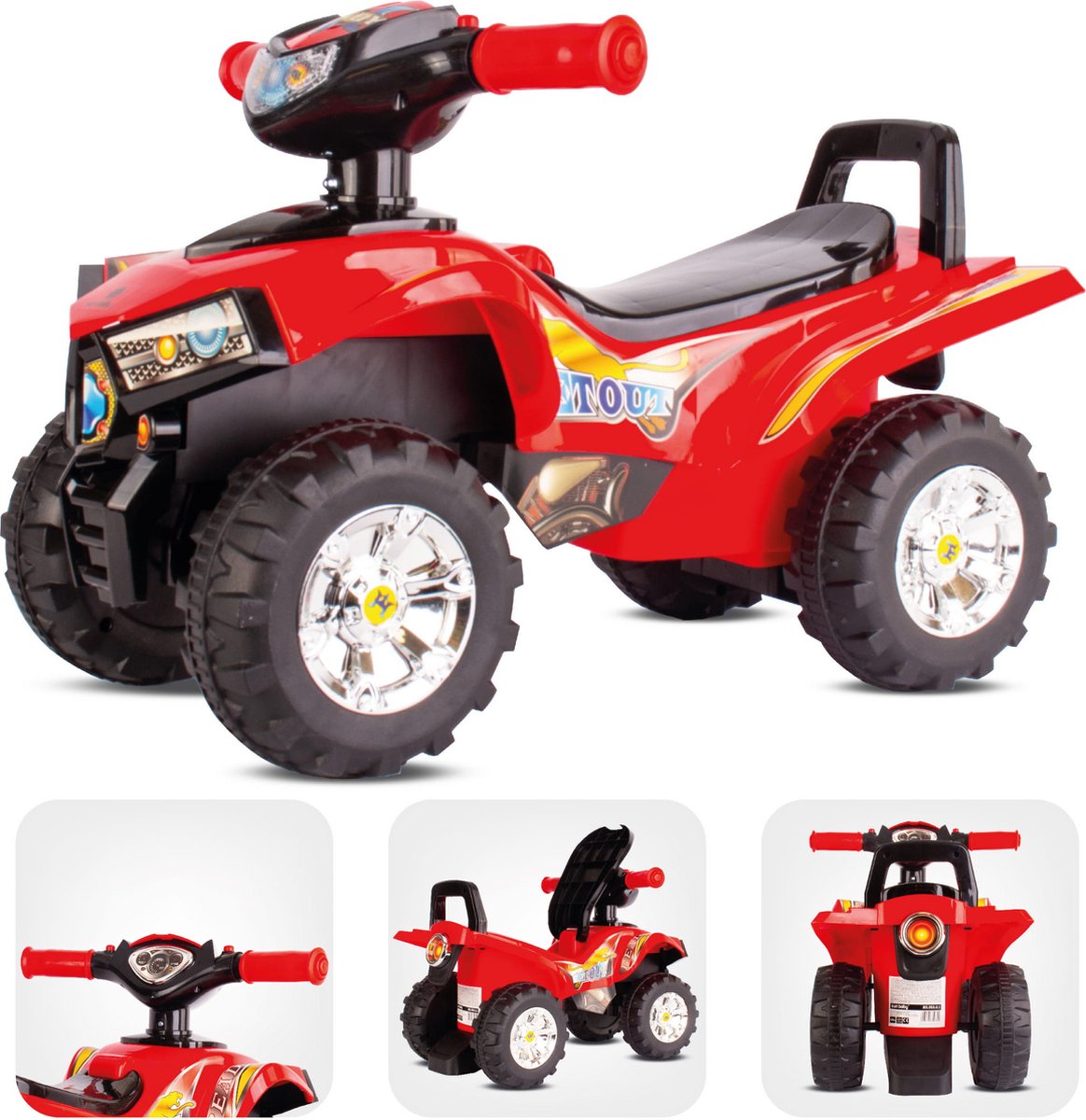 sun baby Kinderauto loopauto vanaf 1 jaar, baby quad, voertuig auto, Zwenkbare voorwielen, Claxon en motorgeluid in de stuurhendels, Opbergvak onder de zitting (Rood)