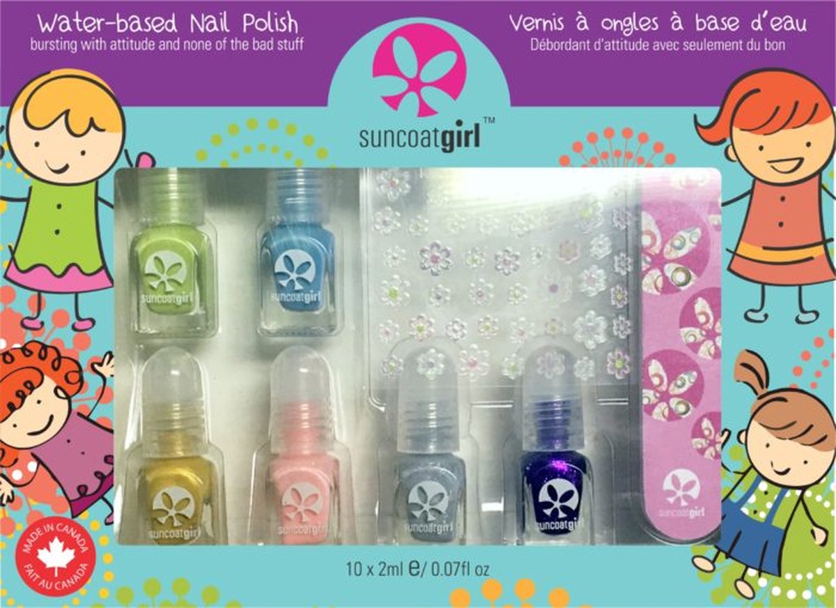 Suncoatgirl - Mini Mani - Nagellakset met vijltje en stickers voor kinderen - Waterbasis - Vegan