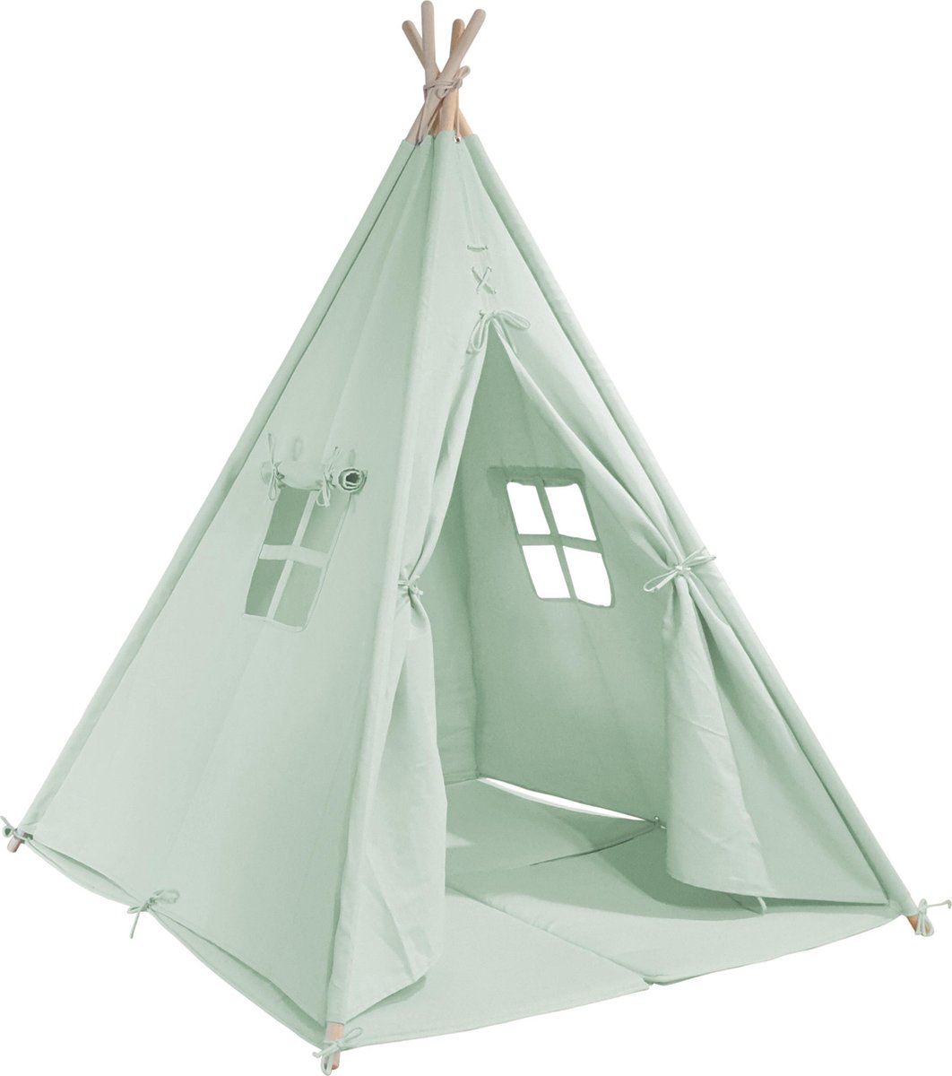   Alba Tipi Tent Pastel Groen - Wigwam   met ramen - 120x120x160cm - met Kussen kleed