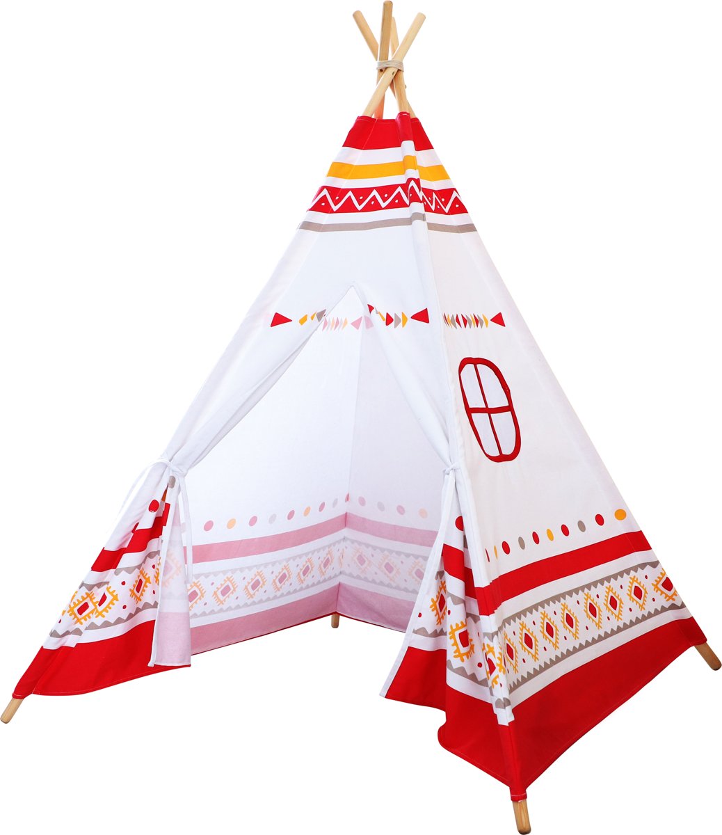 Sunny LED Tipi Tent Rood/wit / FSC 100% houten palen / incl. 60 LED lampjes en batterijen / 2 jaar Garantie!