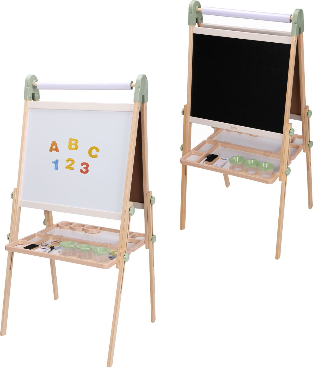   Luna Activiteiten Ezel – Verstelbare Houten Kinder Ezeltje – Speelezel met Whiteboard & Krijtbord – Magnetisch Bord – Inclusief Papierrol, Bekers & Accessoires – Educatief Speelgoed