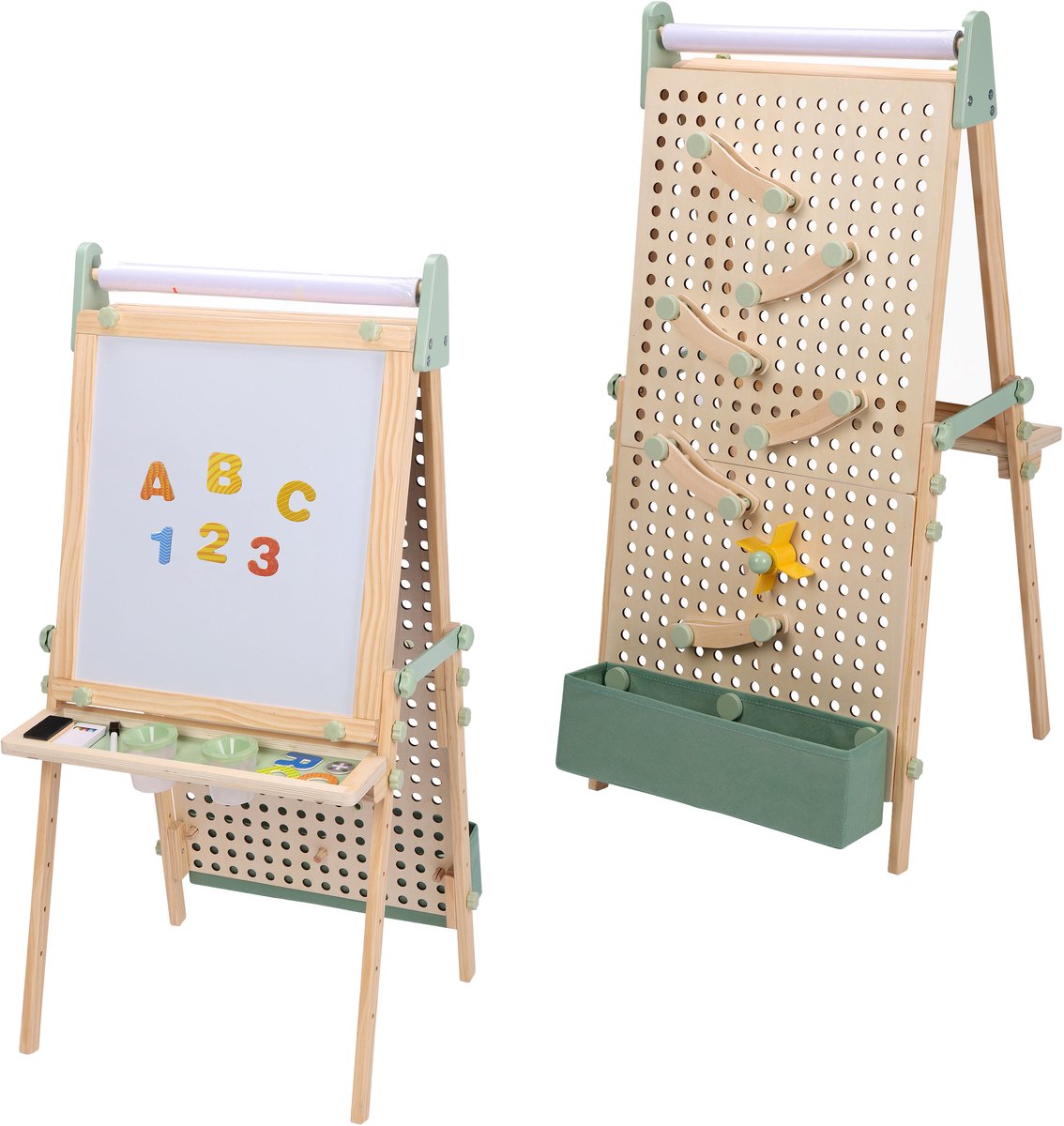   Mika Activiteiten Ezel – Houten Kinder Ezeltje – Speelezel met Whiteboard, Krijtbord, Magnetisch Bord & Pegboard – Inclusief Papierrol, Magneten, Krijtjes, Eraser, Pegboard Accessoires en meer – Educatief Speelgoed