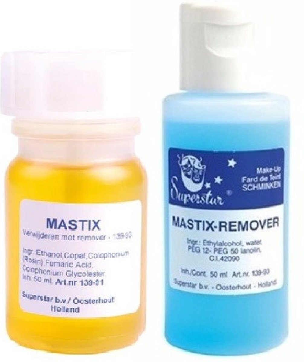   mastix huidlijm 50 ml en remover 50 ml - Lijm voor snorren baarden pruiken - Grime/Schmink artikelen - Halloween/Carnaval/Themafeest