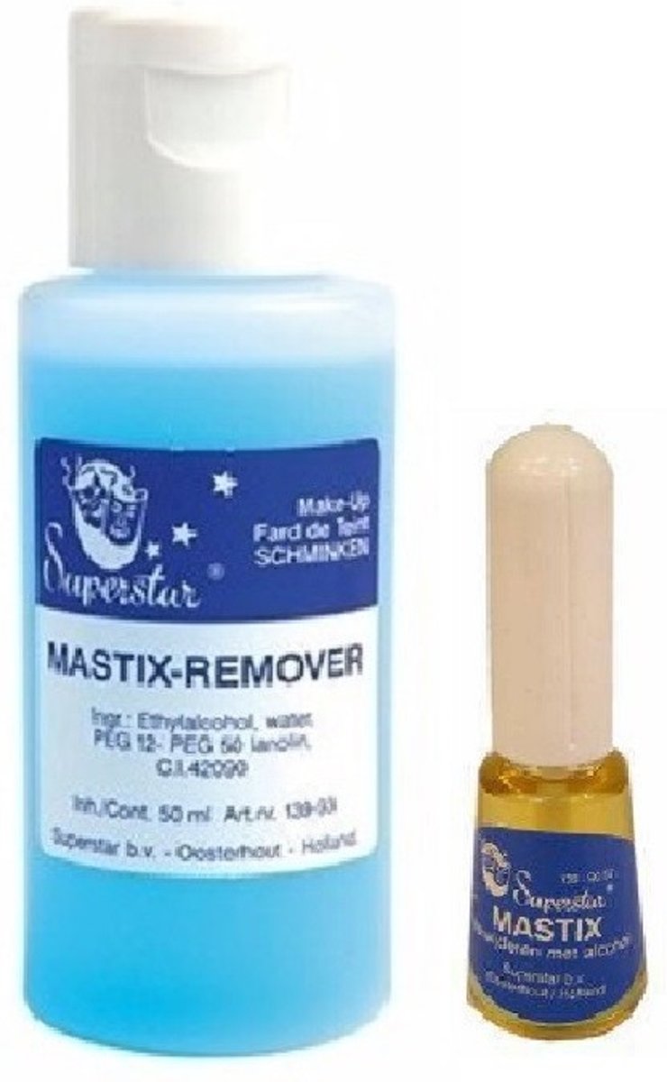   mastix huidlijm 9 ml en remover in set - Lijm voor snorren baarden pruiken - Grime/Schmink artikelen - Halloween/Carnaval/Themafeest