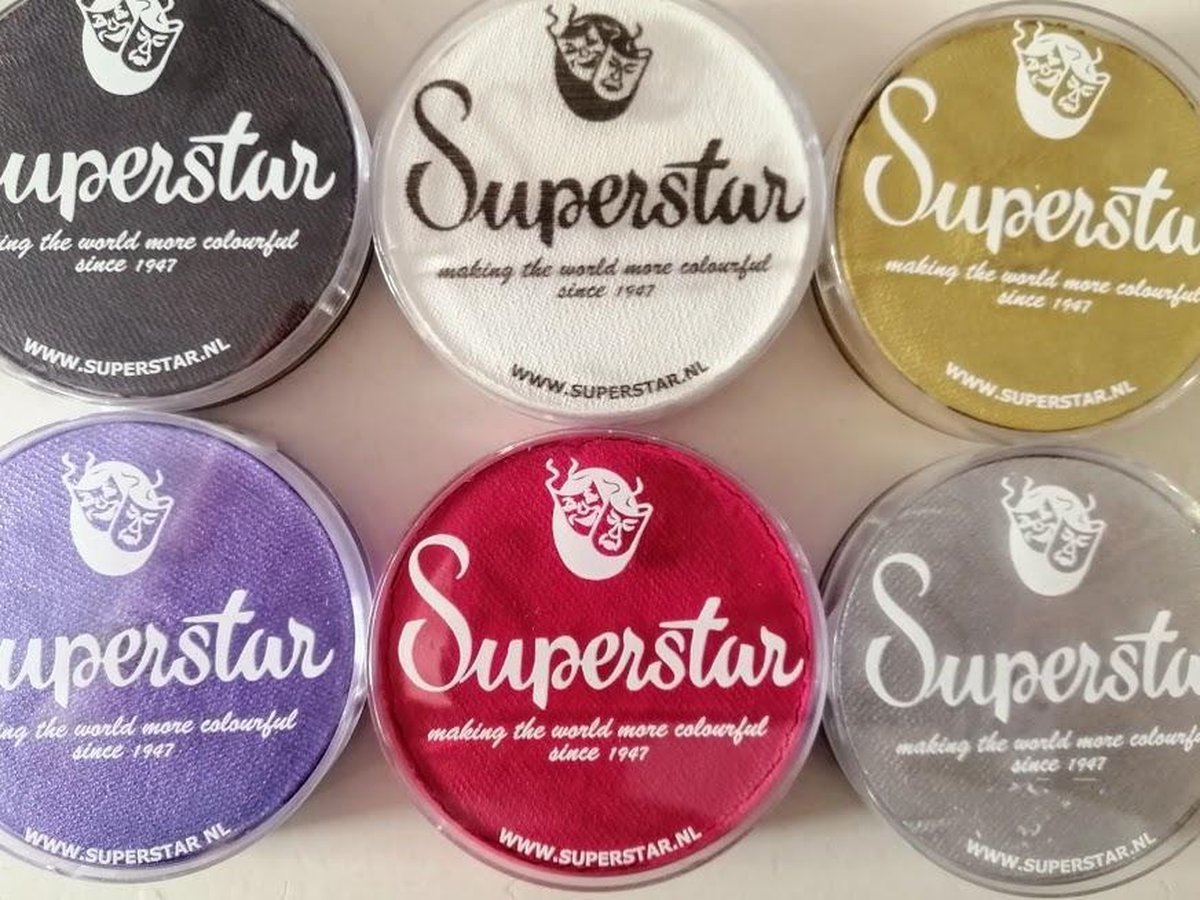 Superstar schmink grote potten 6 x 45gram (wit, zwart, goud, zilver, paars, roze)