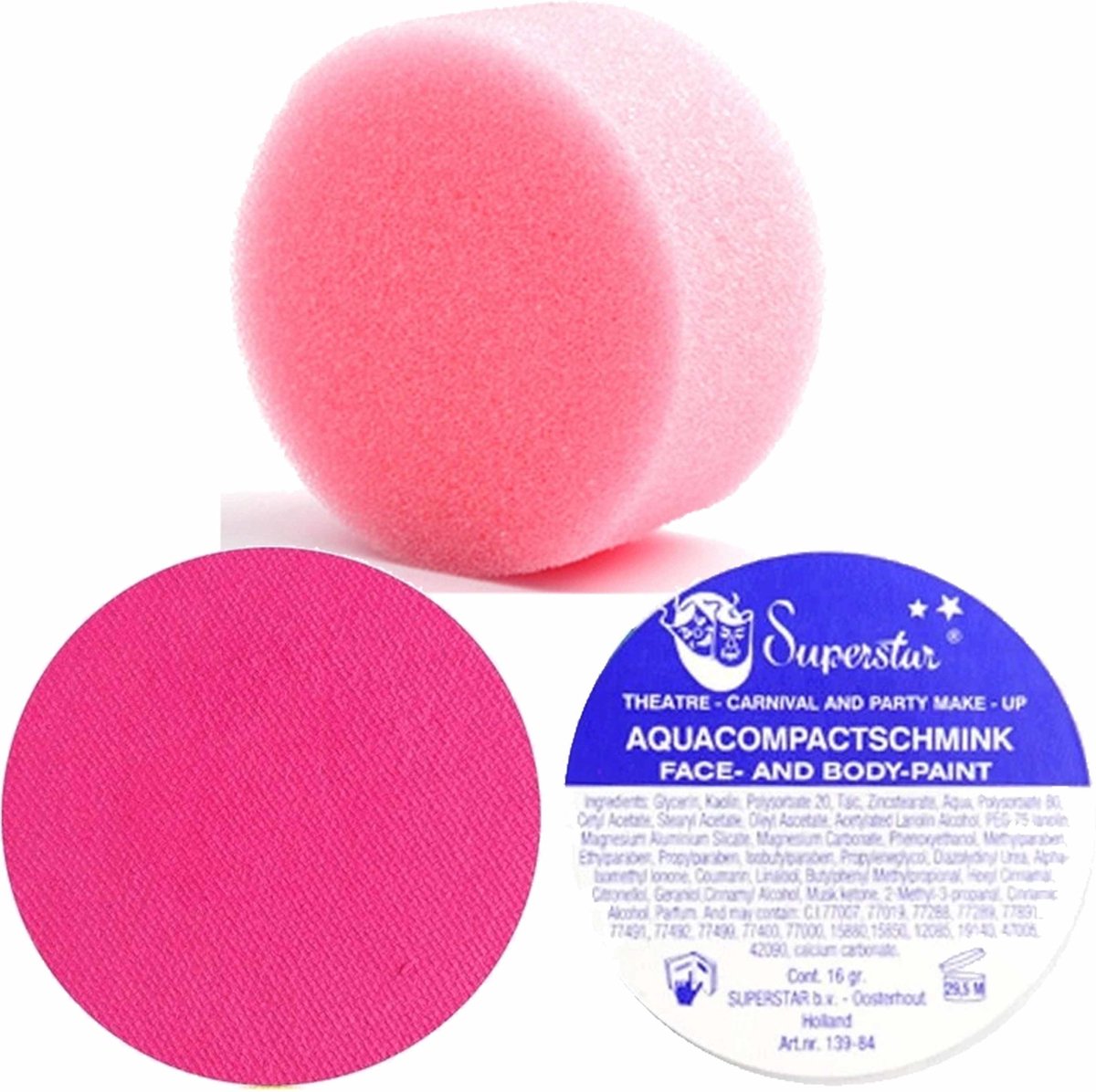 Superstar schmink kleur fuchsia roze 16 gram met rond grimeer sponsje - Schminken voor kinderen en volwassenen