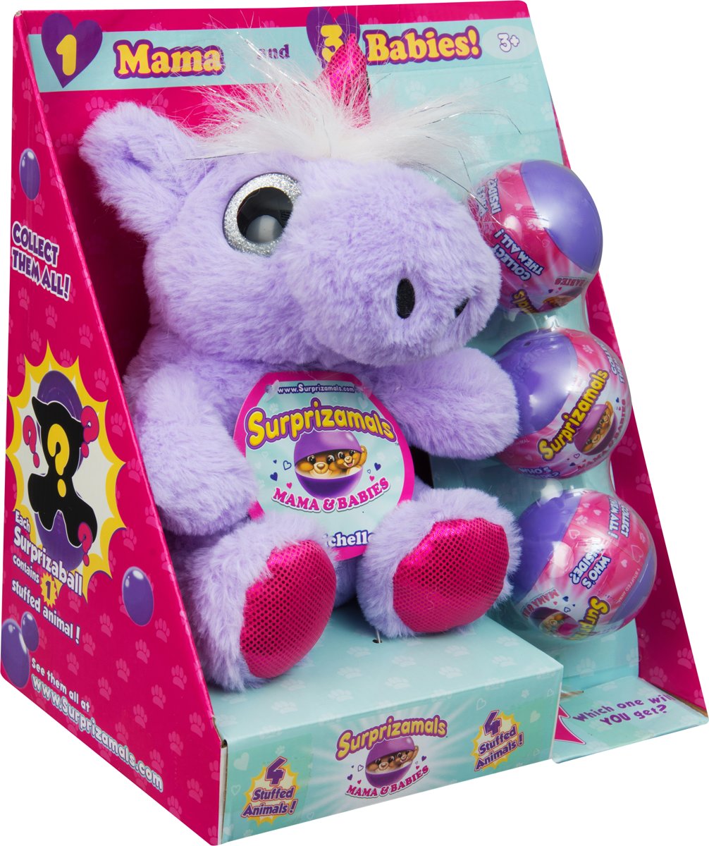 Surprizamals Mama en Babys Paarse Unicorn - Plush knuffel met 3 verrassings knuffels in verrassing Bal