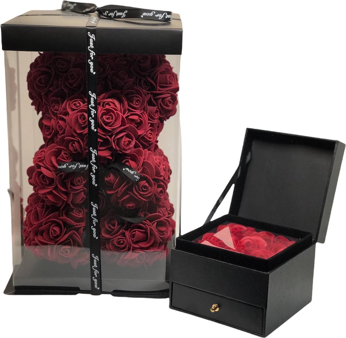 Flowerbox square met Swarovski Infinity Hart ketting en Rose Bear Dark Red– Giftbox vrouwen – Valentijn – Moederdag cadeau - kado - Geschenkset - Cadeautje - Verjaardagscadeau - Valentijnsdag - Valentine - Mothersday - Geschenk